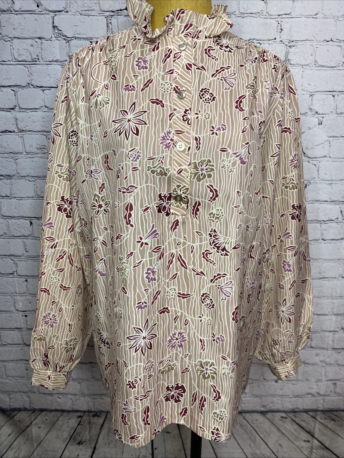 Vtg Cos Cob 60’s Ruffle Collar Button Floral Shirt Dressy Retro Poly 38