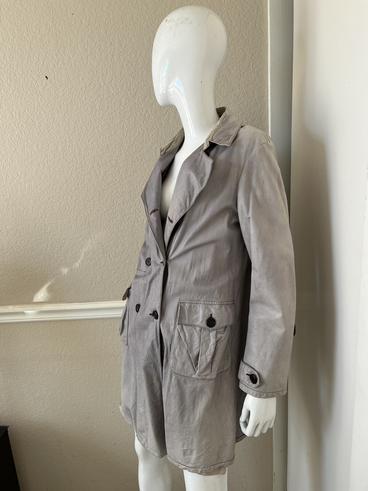 NIGEL PRESTON VINTAGE 90’S RARE! Gray Leather Double Breasted Lined Trench Coat