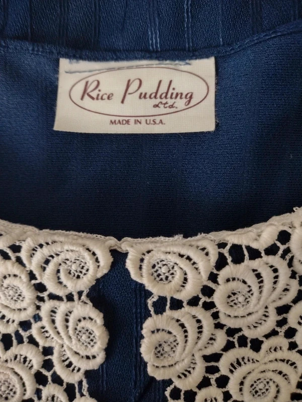 Rice Pudding Ltd Vintage 70s 80s Lace Collar Dress Navy Blue Striped Made in USA
