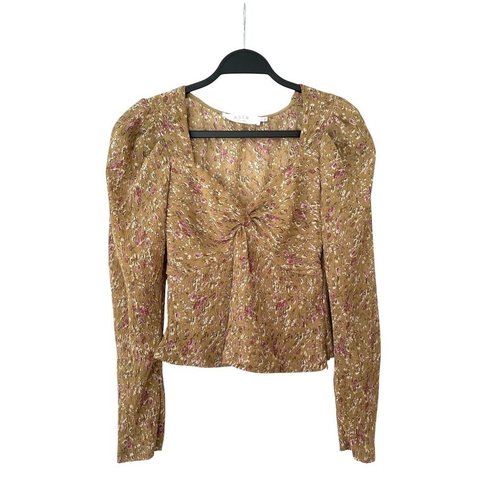 ASTR Floral Puff Sleeve Blouse Antique Bronze Pink Smocked Back Size S