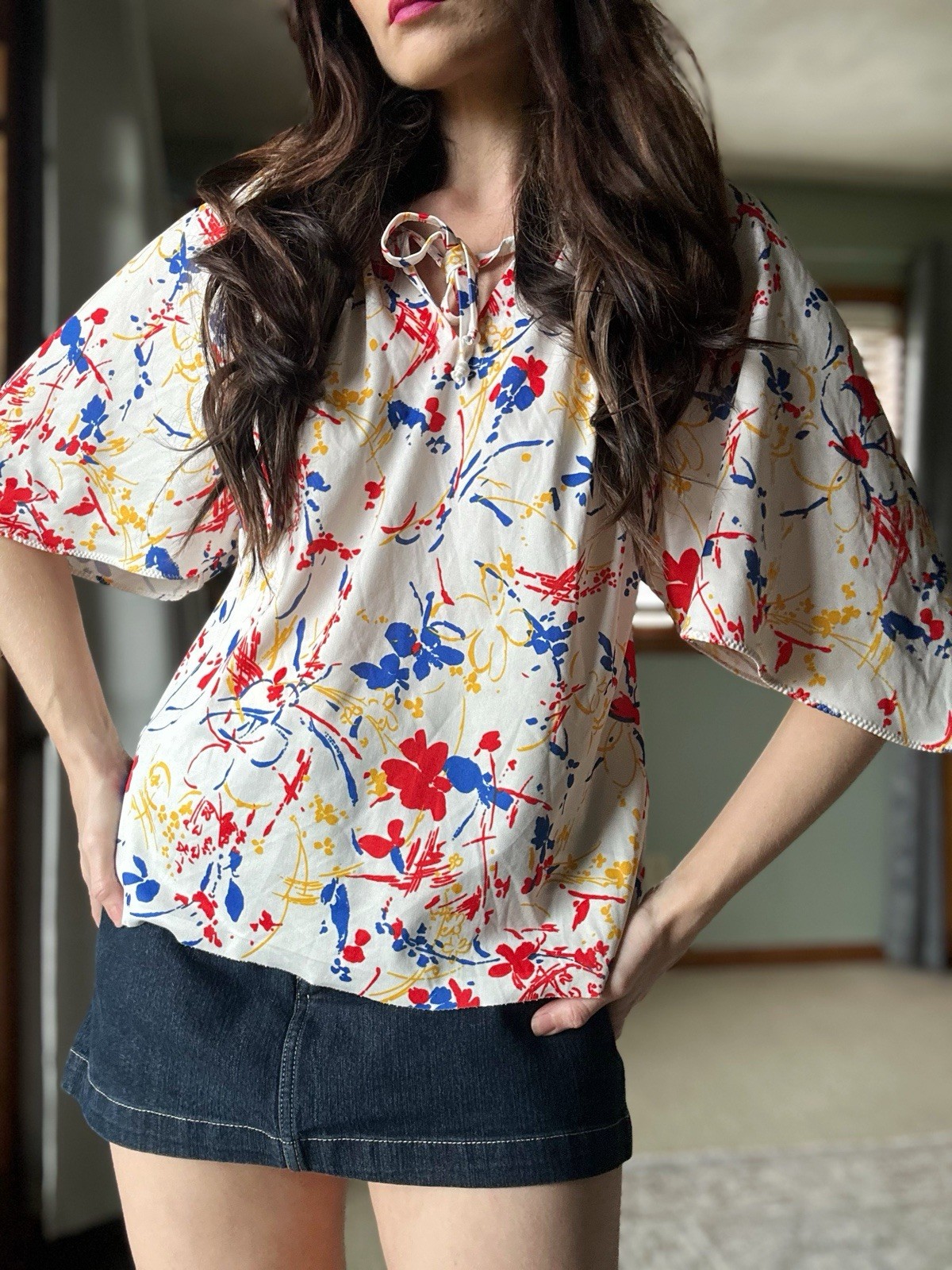 Vintage 1970s Blouse Angel Wing Primary Color Hippie