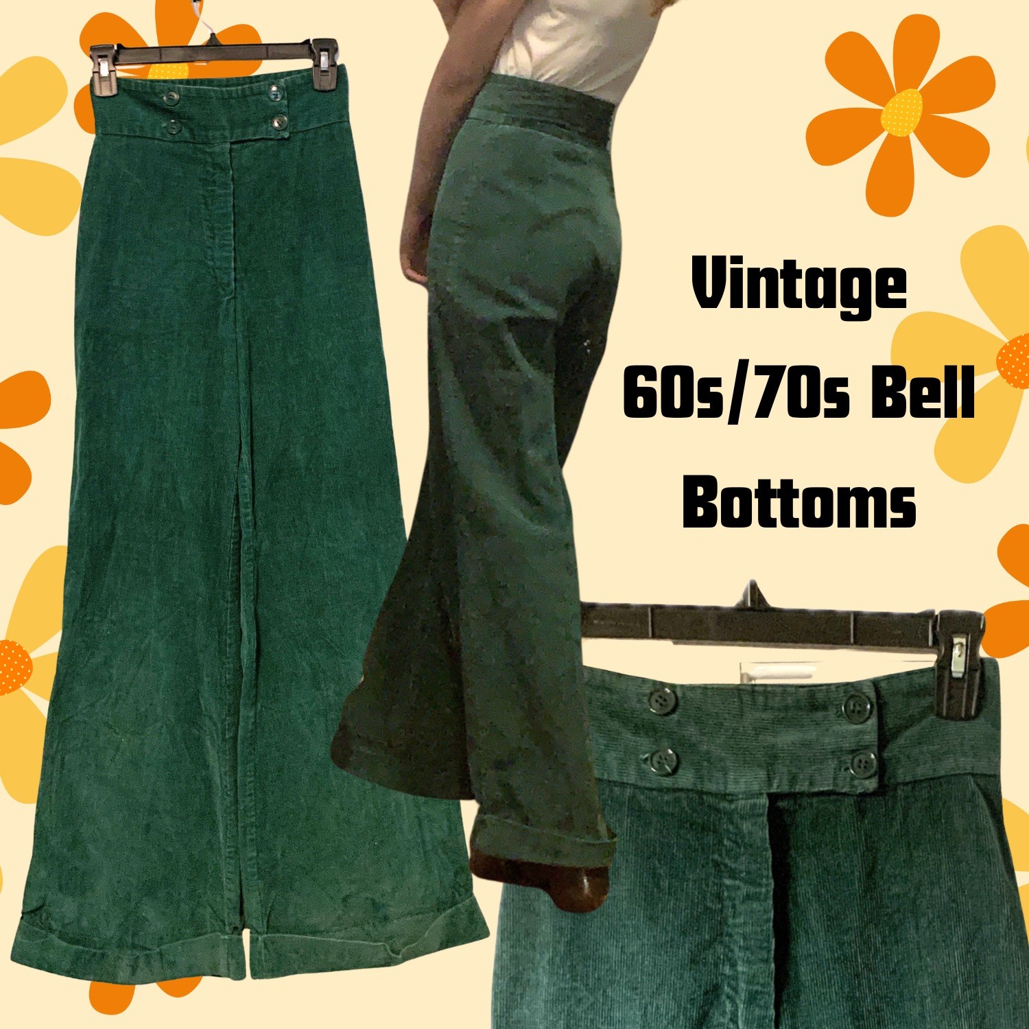 Vintage 60s/70s Green Corduroy High Waist Wide Leg Bell Bottom Pants | 24” Waist