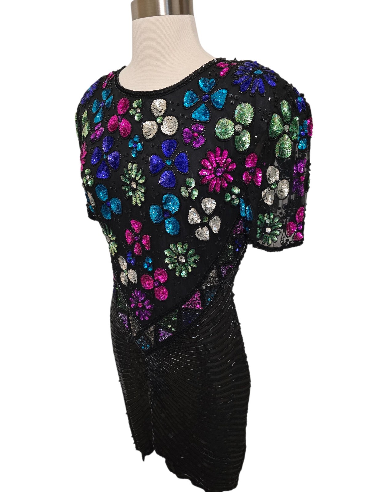Vintage 90s Fully Sequin Dress Womens Size Medium Black Formal Party Sweelo