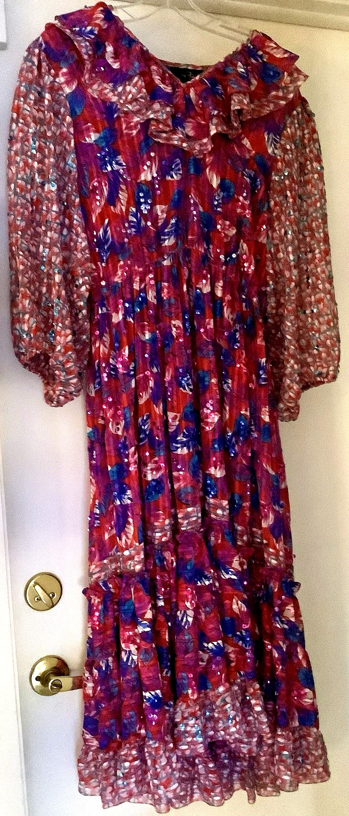 DIANE FREIS Dress Vintage 1980s Ruffles Sequins Floral Voile Mini Shoulder Pads