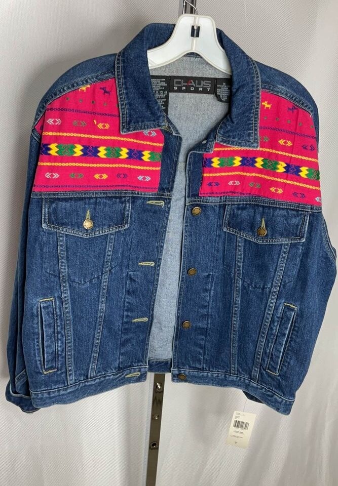 NWT Vintage 80s Claus Sport Denim Jacket M Aztec Southwestern Pink Trucker Rare