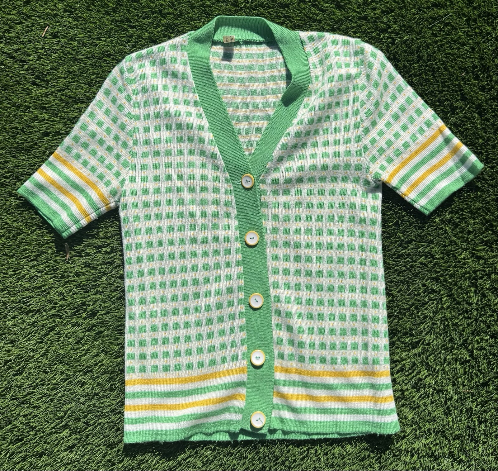 Vintage Green White Yellow Knit Short Sleeve Button-Up Cardigan Sweater
