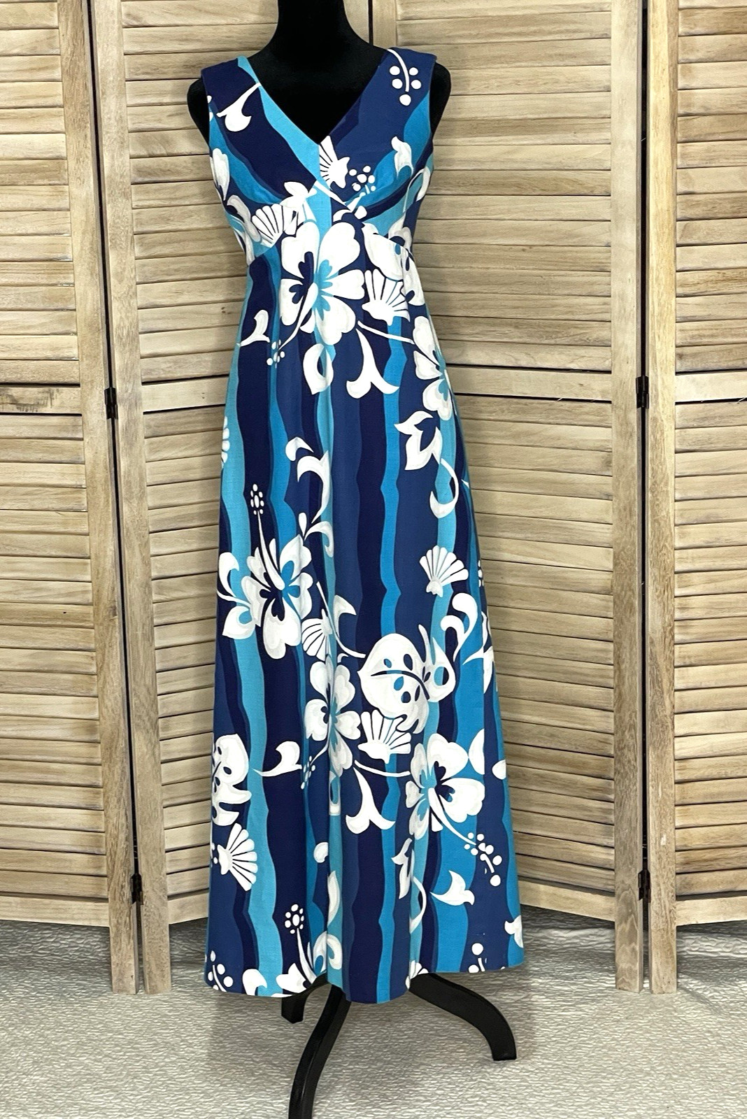 Vintage 60s-70s Hawaiian Barkcloth Maxi Dress Resort Tiki Luau *See Measurements
