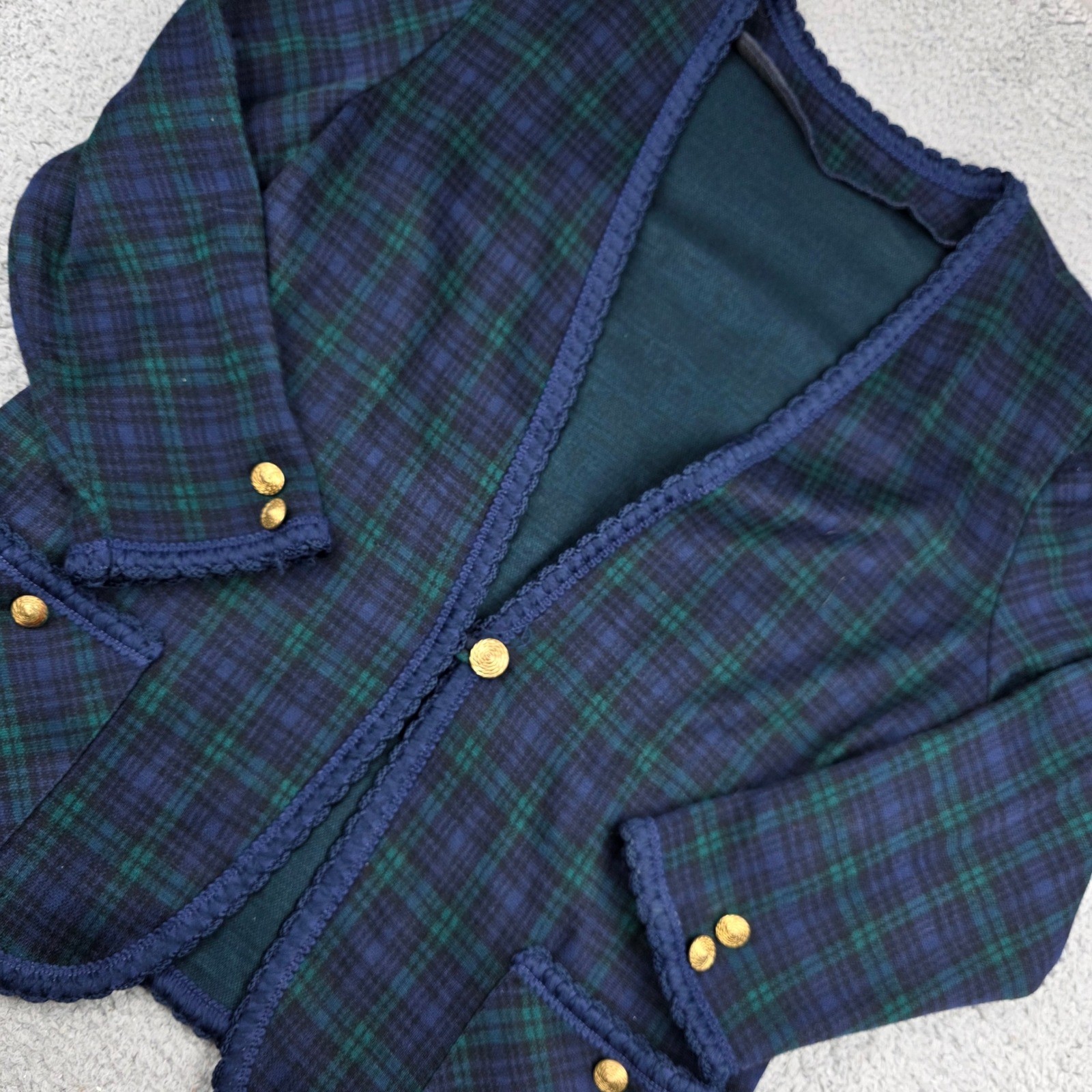 VTG 80s Cricket Lane Plaid Cardigan Jacket Blue Green Gold Button Size XL 22W
