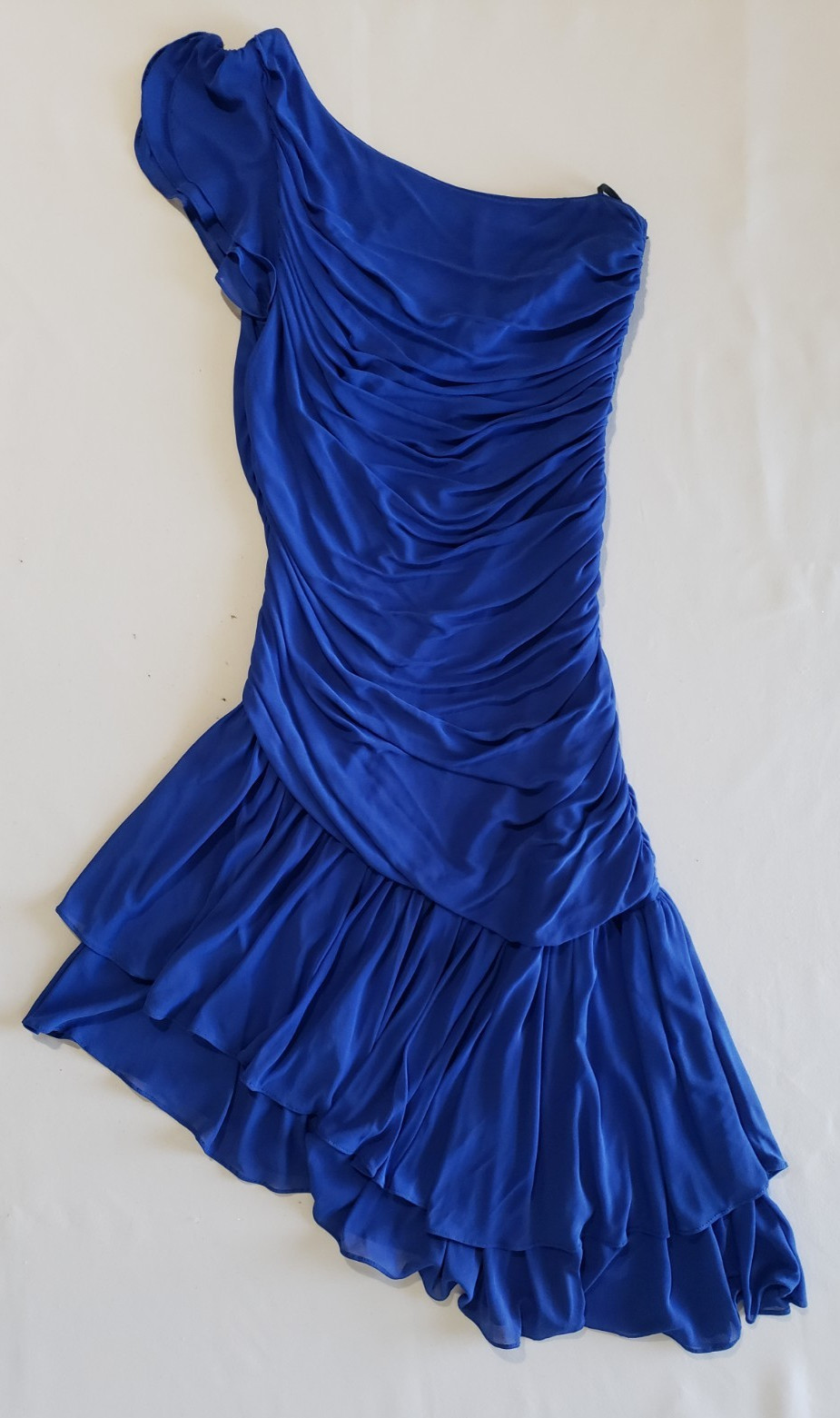 Vtg NEW LEAF by SAMIR BlUE One-Shoulder Ruched Asymmetrical Disco Dress Sz 9/10