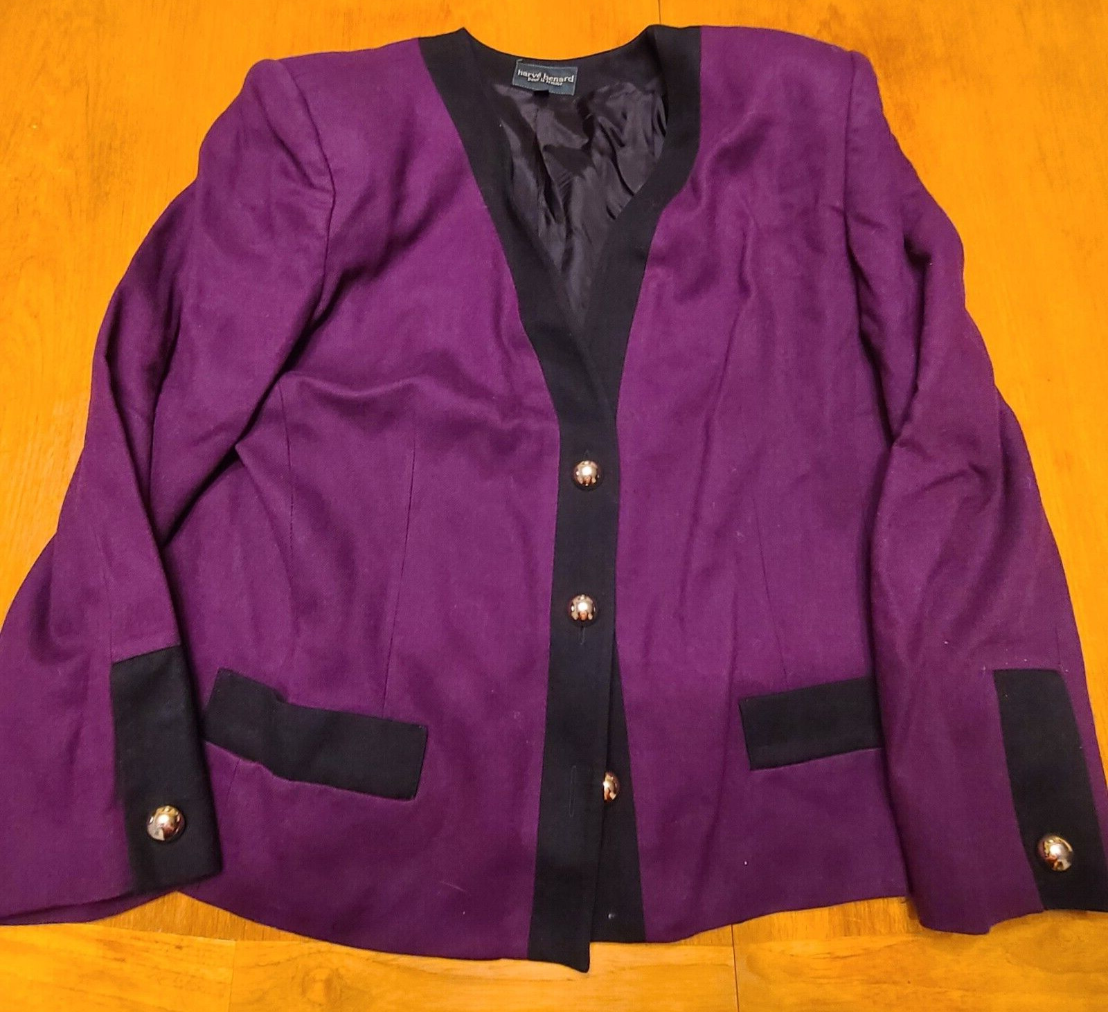 Vintage 80s Purple 100% wool Harvé Benard jacket with black trim size 20W