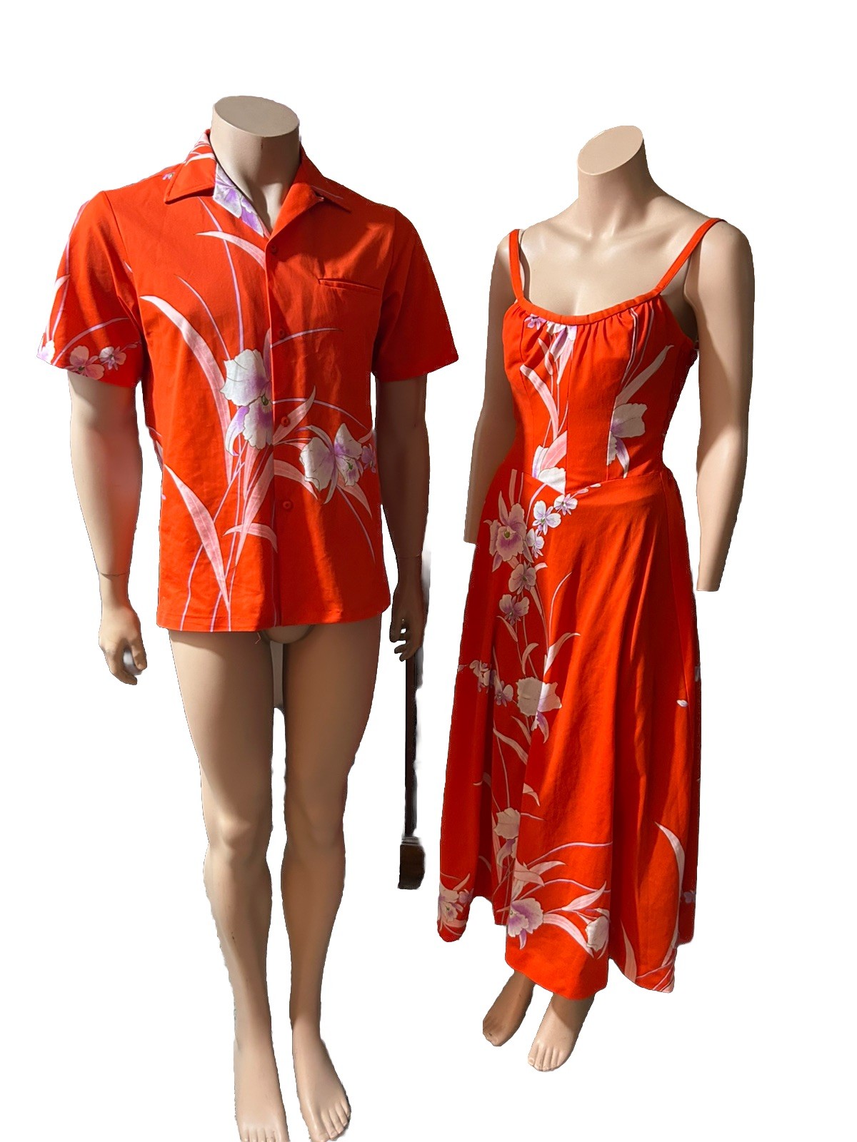 Vintage 60s 70s Hawaiian Honeymoon Set Orange Purple Floral Matching His Hers