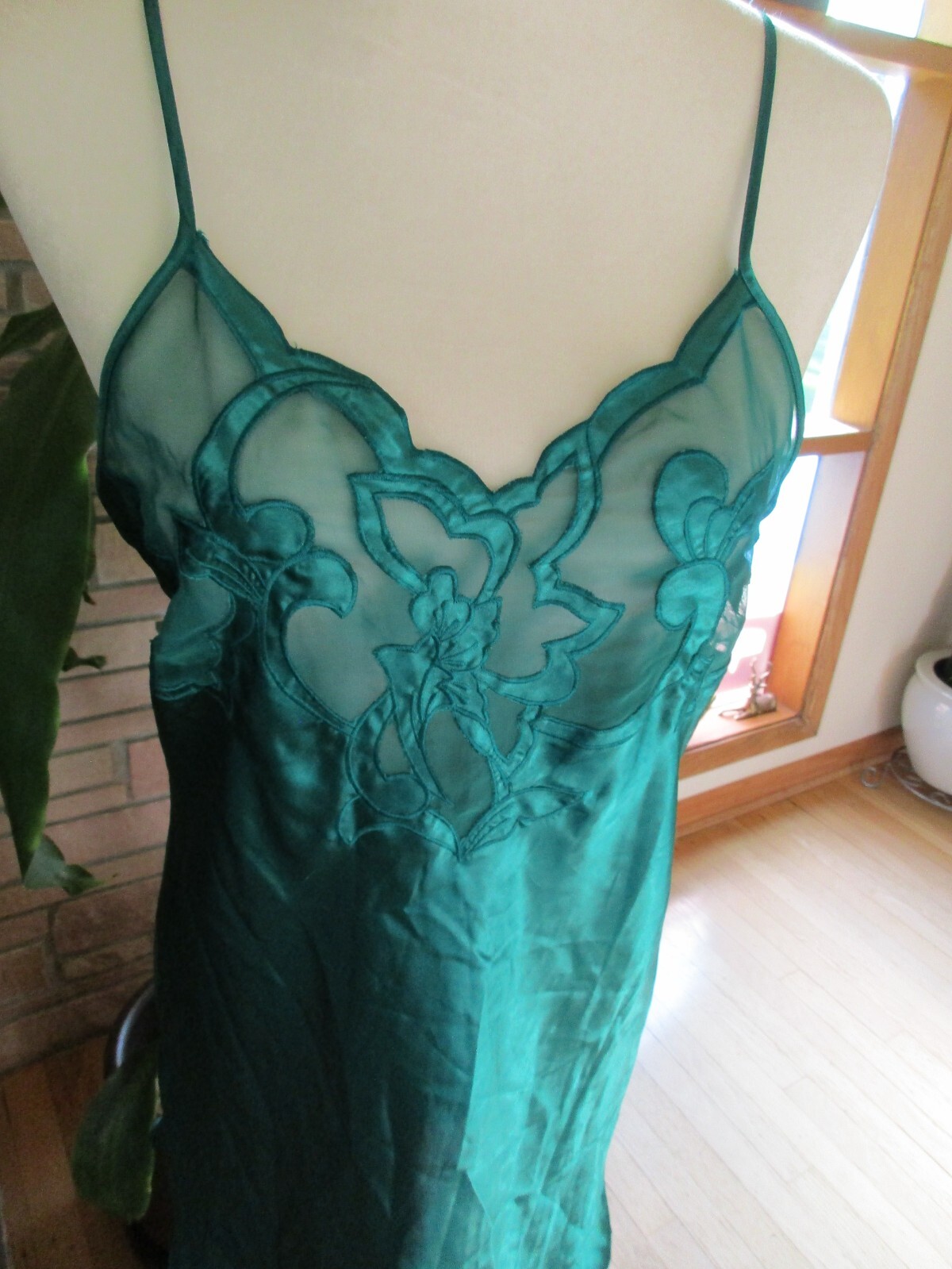 Vintage Victoria Secret Gold Label Cami Nightgown Green Satin Lingerie Medium