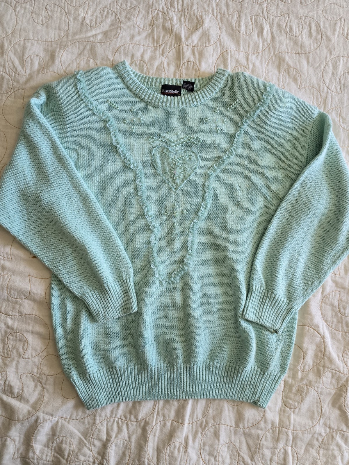 Vintage 80s Mint Green Beaded Heart Sweater Womens Med Cottagecore Grandmacore