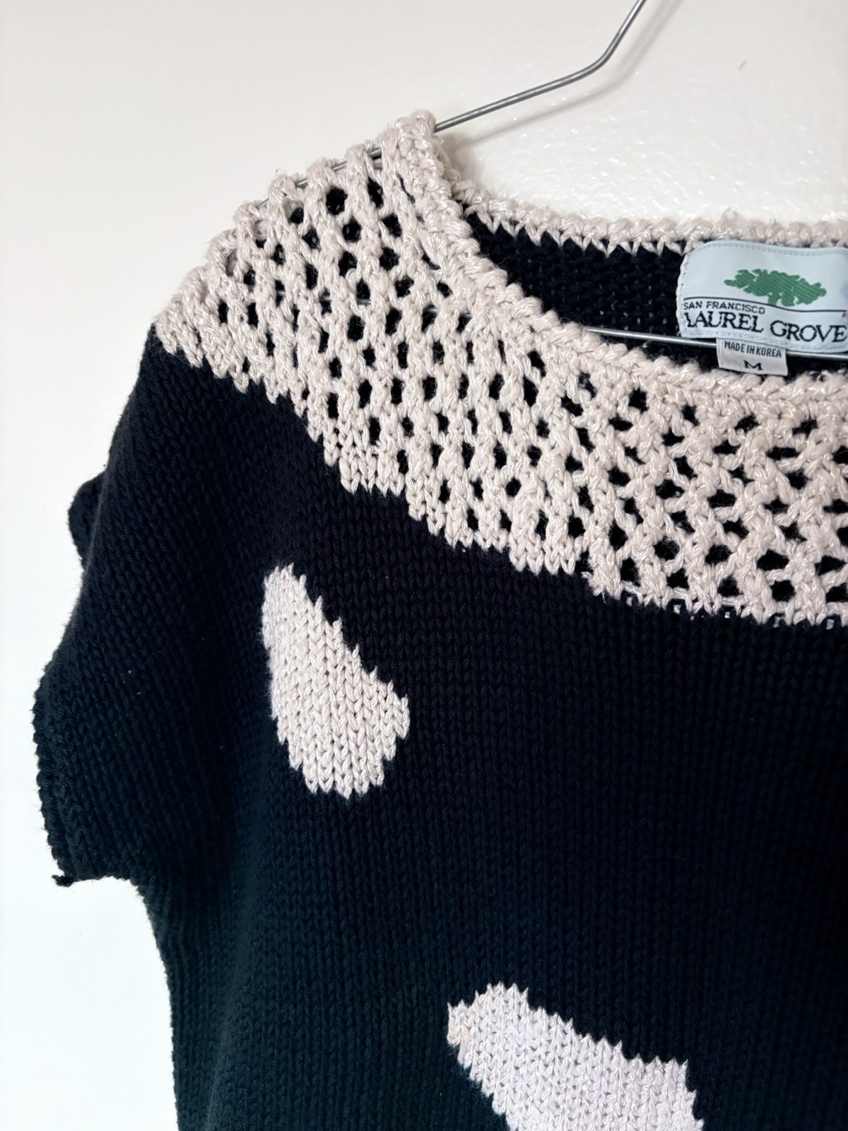 Vintage 90s Laurel Grove Short Sleeve Sweater M Black Cream Crochet Cropped Knit