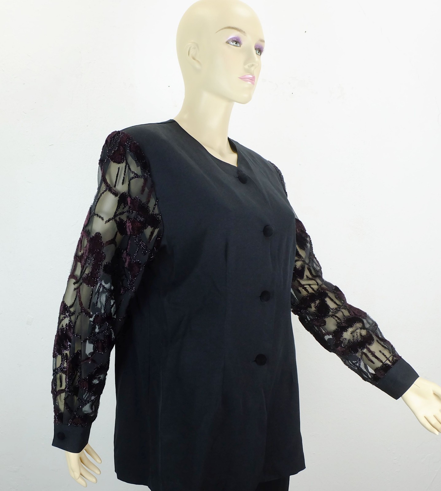 vintage 1980s blouse by yessica black fabric sheer sleeves size M