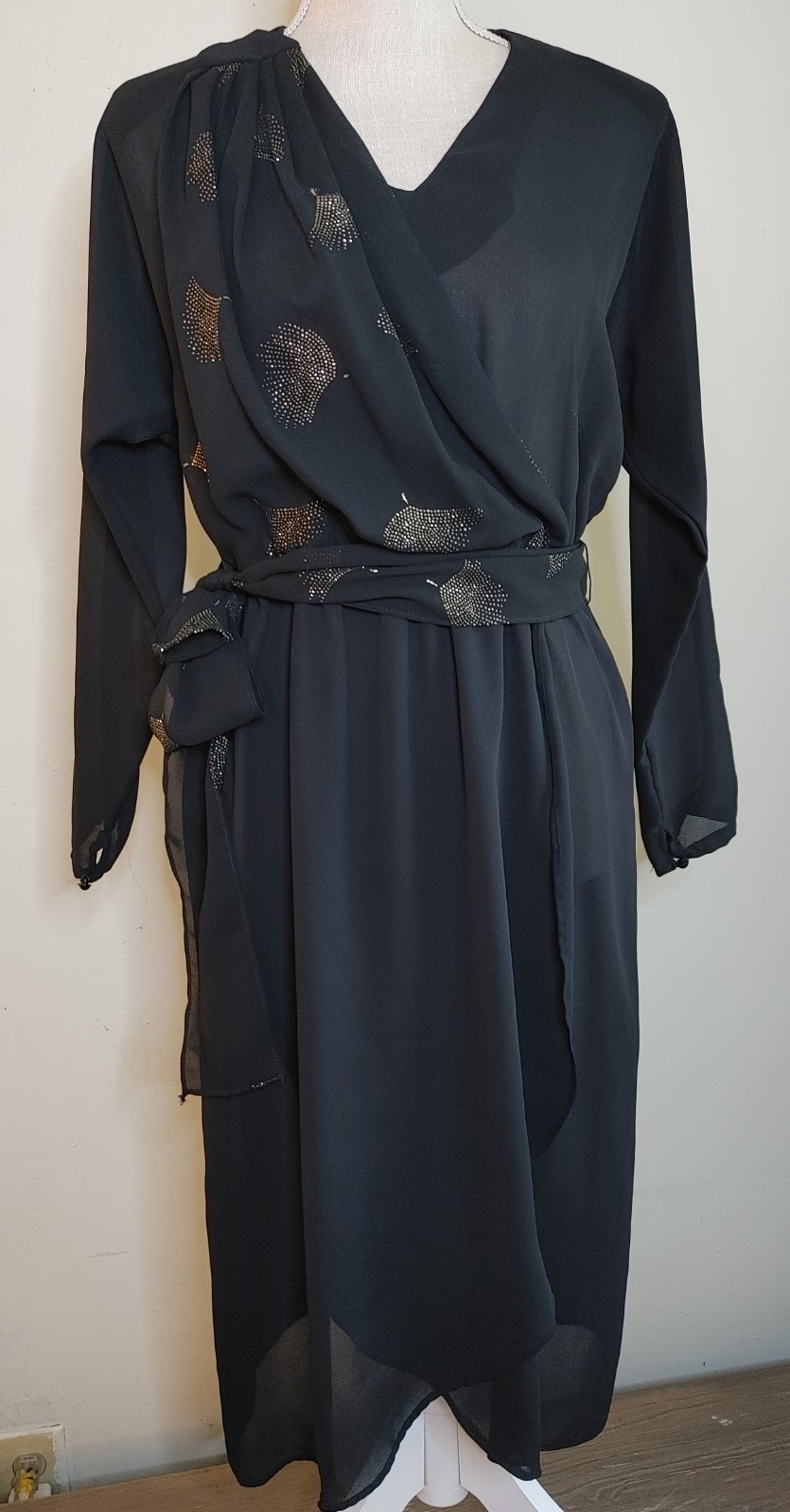 Vintage 80s Black Chiffon Faux Wrap Dress Sally III Disco Cocktail Chic sz M