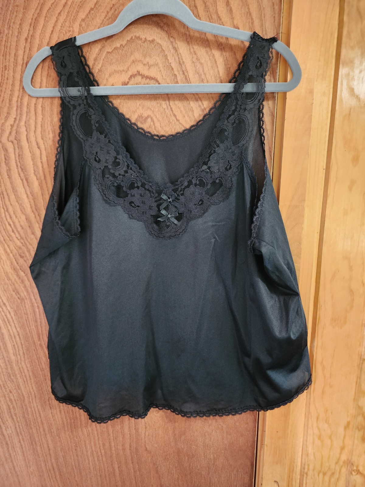 VTG Black Cami Tank Slip Top Camisole XL/48 Lace Trim Vintage Bows