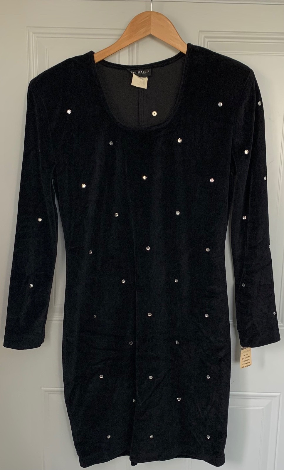 Vintage Paul Harris Velvet Velour Stretchy Rhinestone Dress Padded Shoulder- New