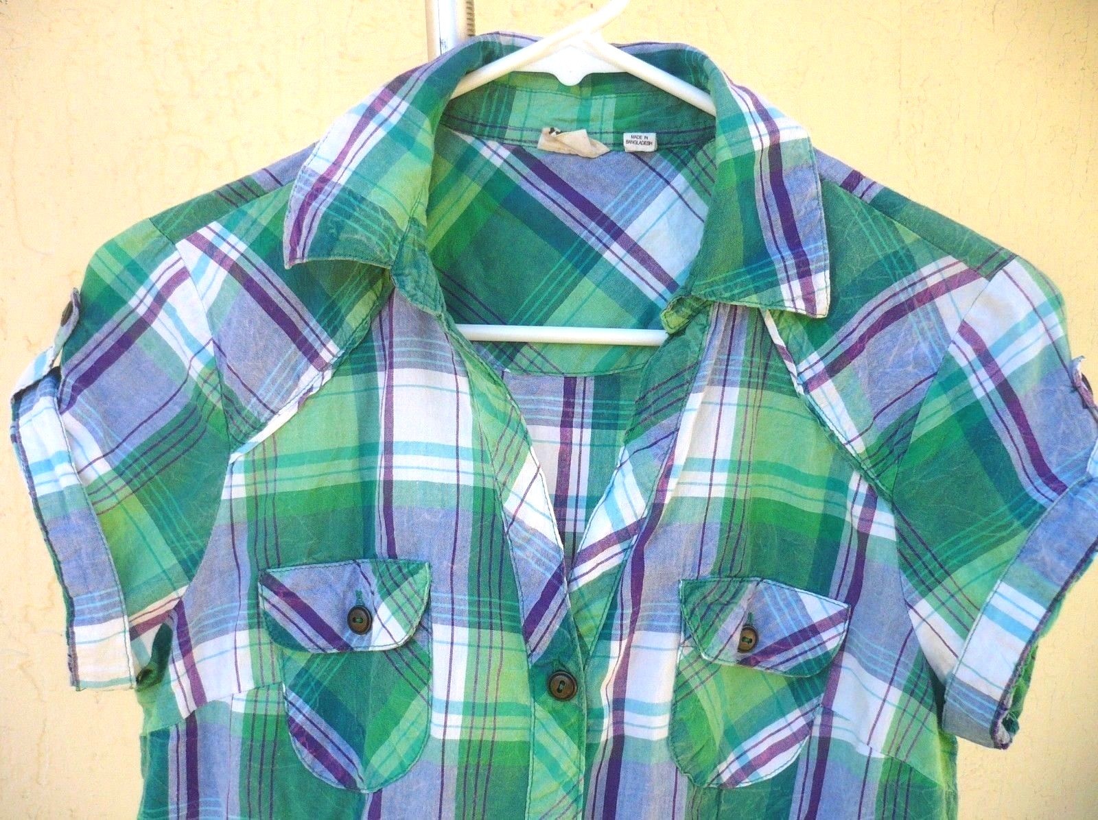 ST PATRICK’S DAY GREEN PURPLE BUTTON DOWN CUFFED SS SHIRT S WOMEN R M JR BLOUSE