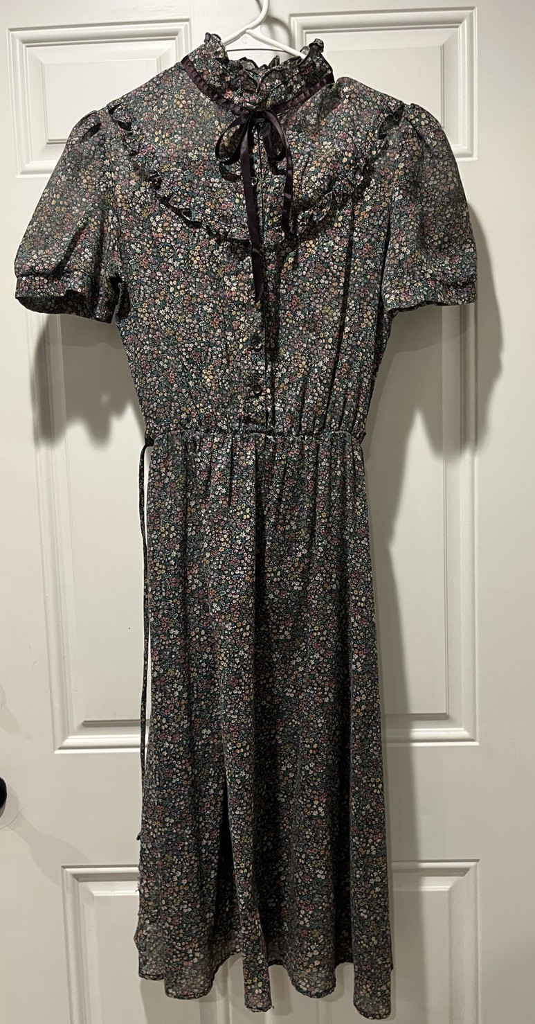 Authentic VTG 1970s Ditsy Floral Prairie Dress Boho Chiffon Tie Neck Byer Too XS