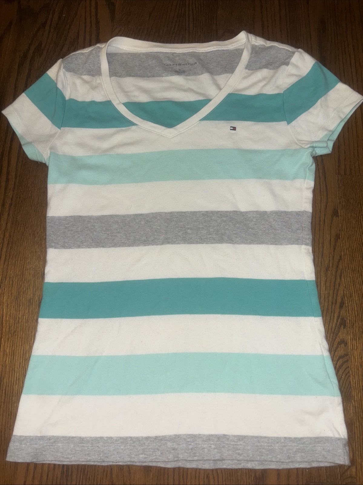 Vintage 90s Y2K Tommy Hilfiger Women’s V-Neck Striped Cap Sleeve T-Shirt M