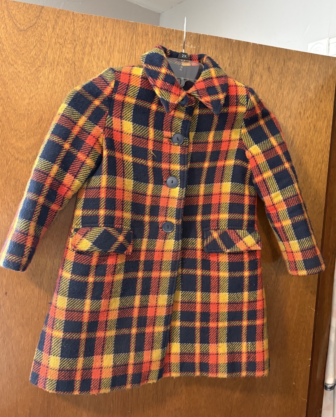 Vintage 60s 70s Plaid Wool Coat Red Yellow Navy Mod Girls XL Womens Small? READ