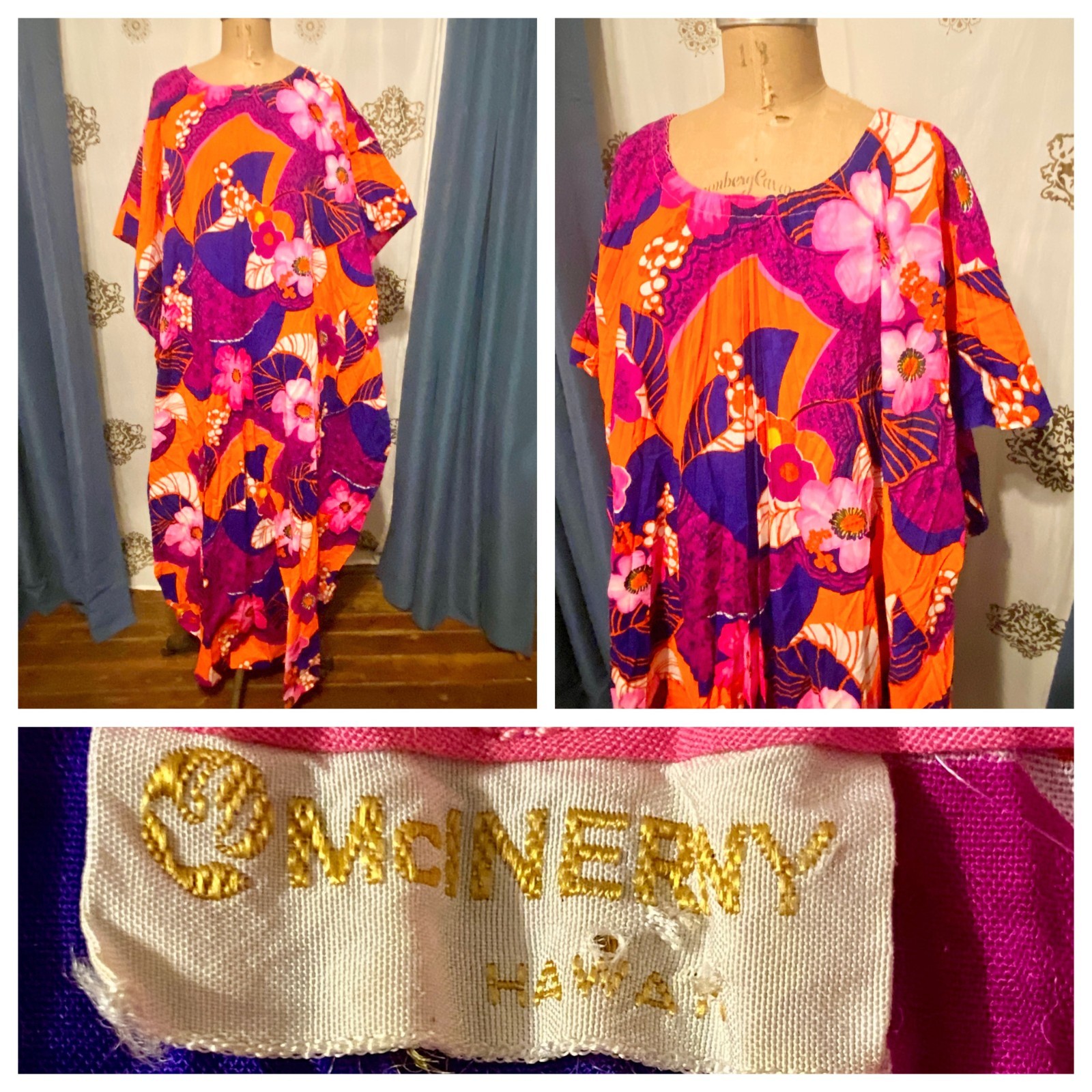 Vintage McInerny Psychedelic OPEN SIDES Hawaiian Maxi Coverup Caftan Dress L