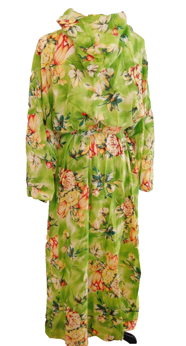 VTG Green Floral Hawaiian Bath Robe w/ Hood LARGE Cotton Barkcloth Tropical USA
