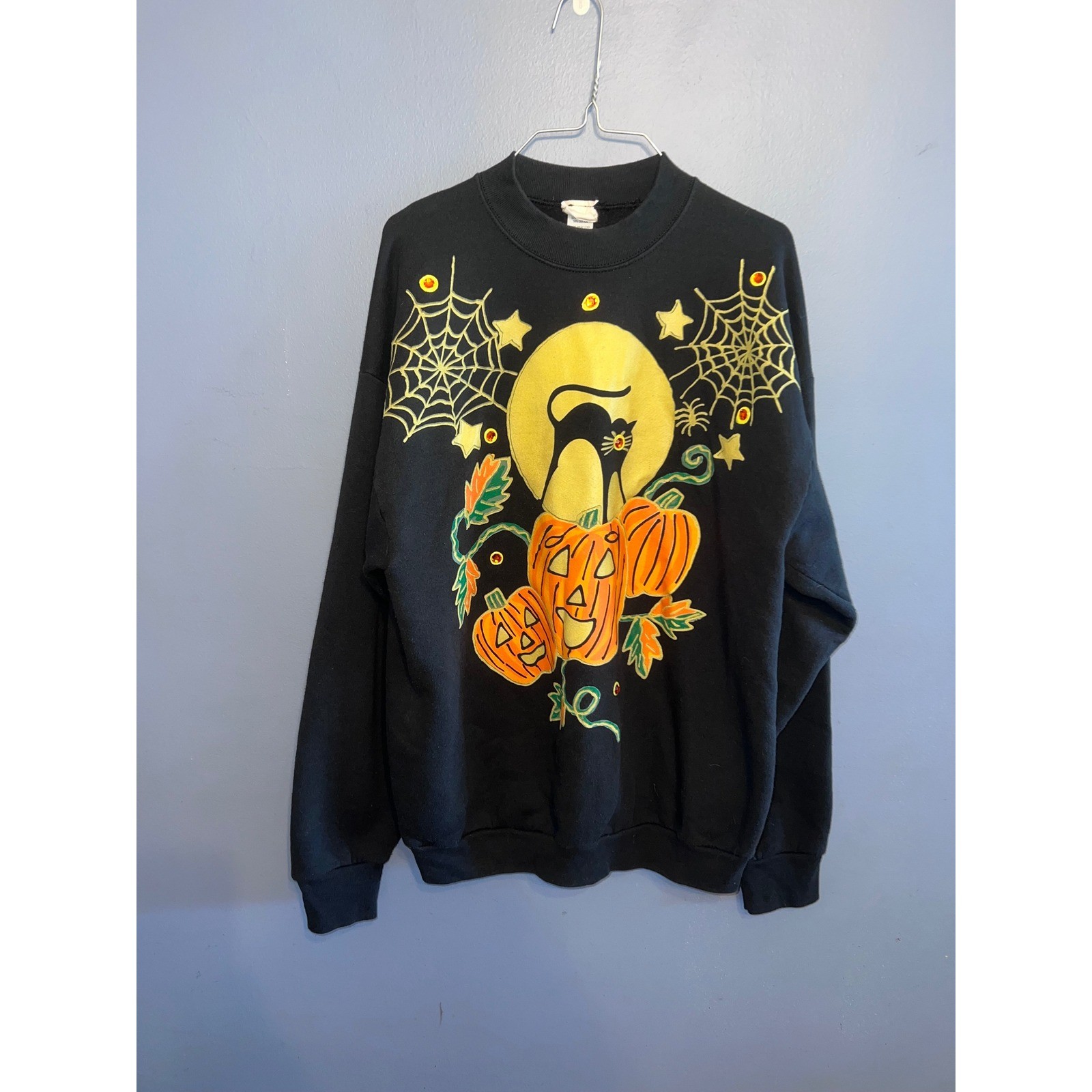 Vintage India Ink Hand Painted Women’s Halloween Crew Neck Sweater OS Black Cats