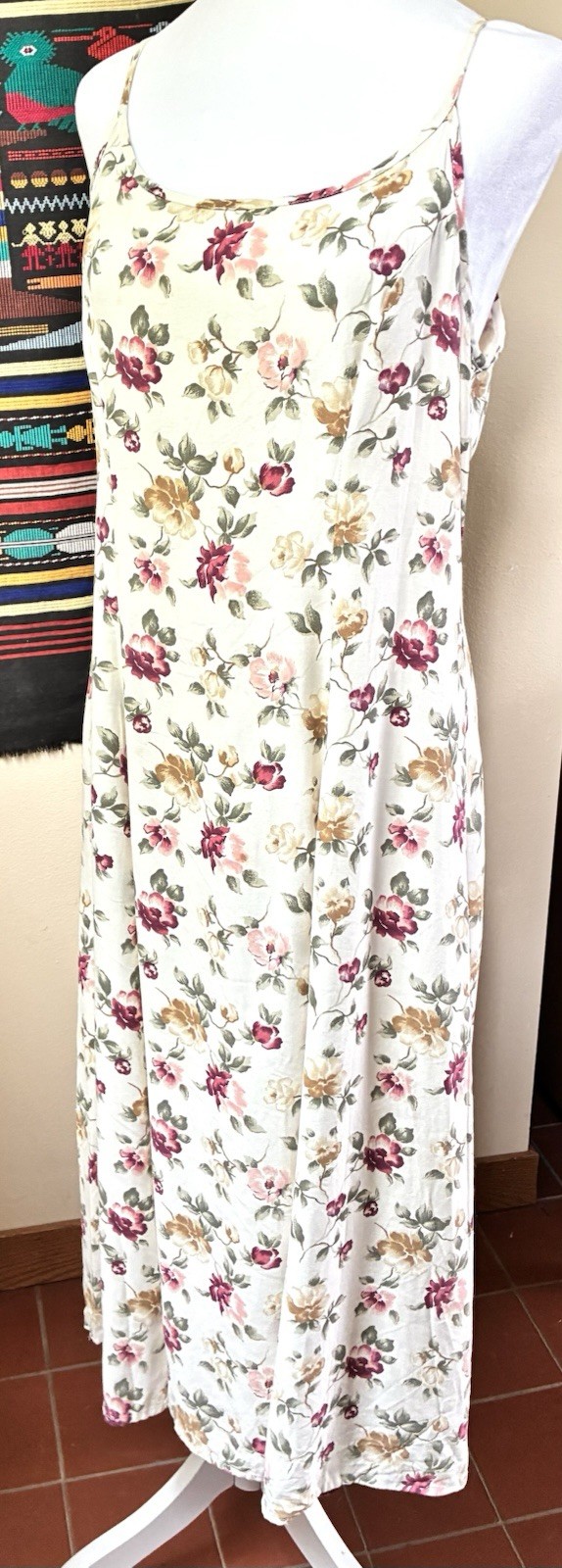 Vintage 90s Beige Floral Dress Size LG Maxi Slip Cottagecore Y2K