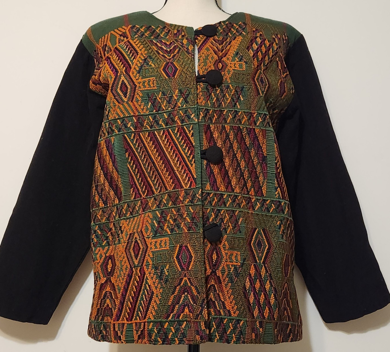Vintage 80s Guatemalan Embroidered Woven Cotton Jacket Sz M Aztec Bird Art
