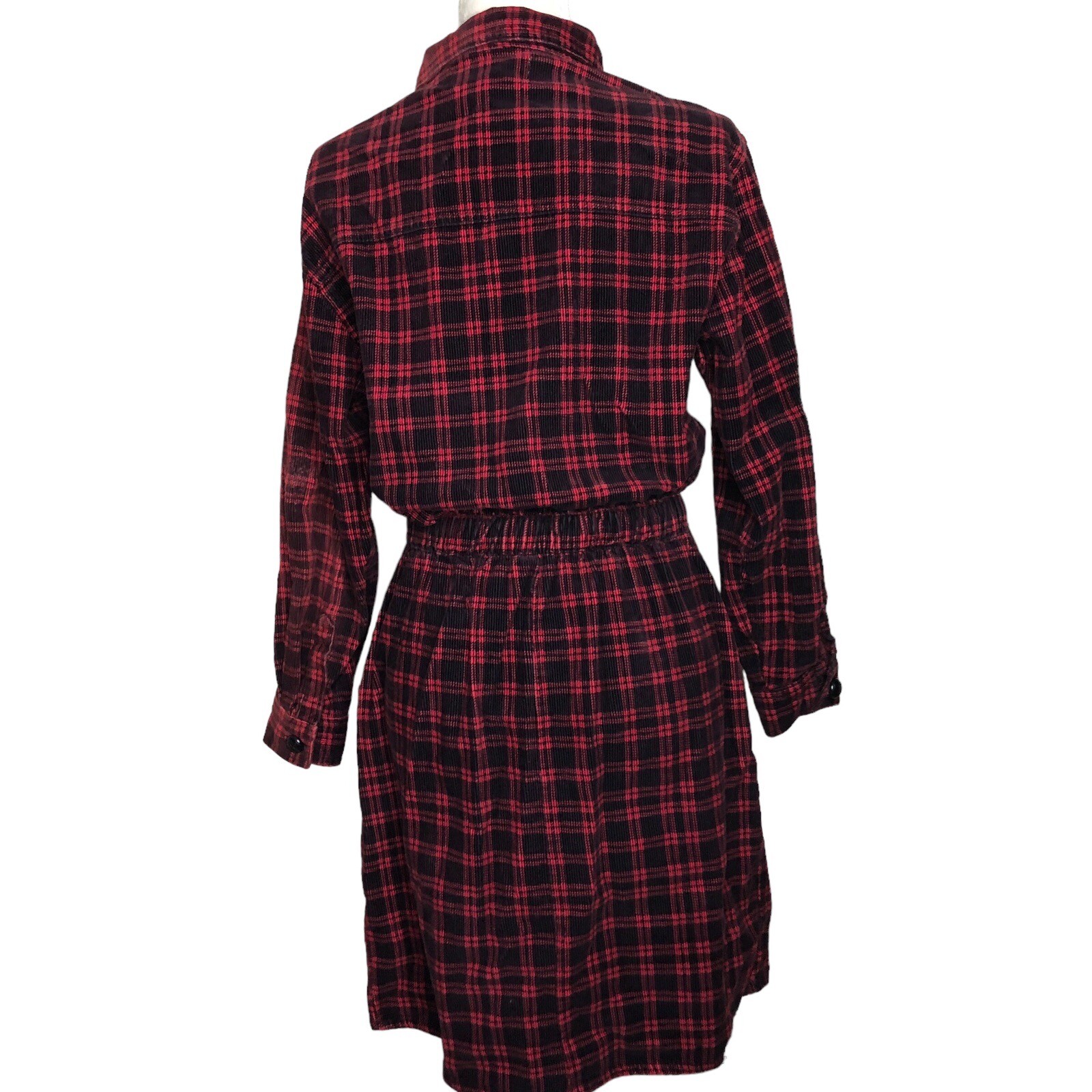 Vintage Fads Red Black Cottagecore Soft Cotton Corduroy Shirt Dress Size 12