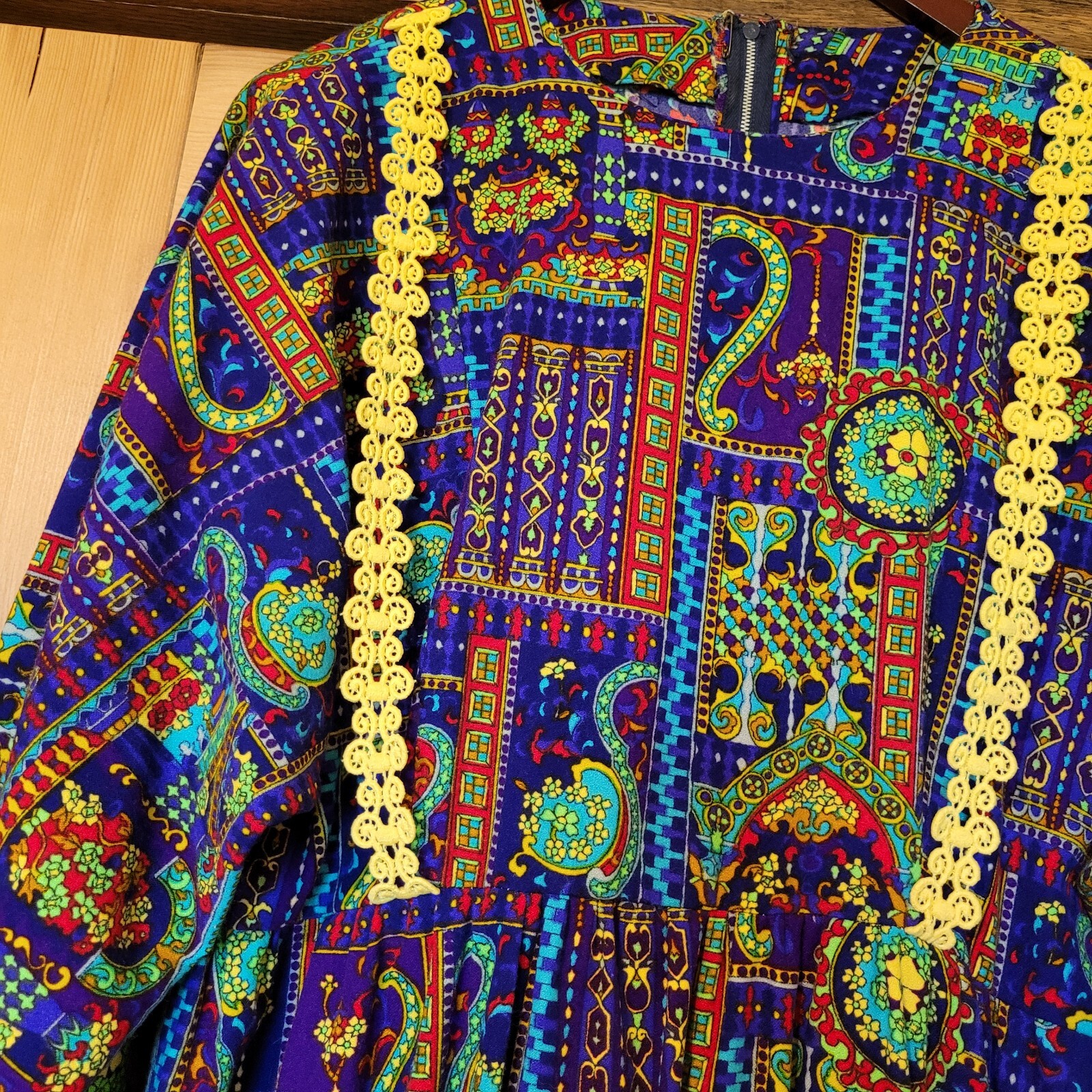 Vtg 60’s 70’s Handmade Purple Yellow Psychedelic Maxi Hippie Bat Wing Dress- Med