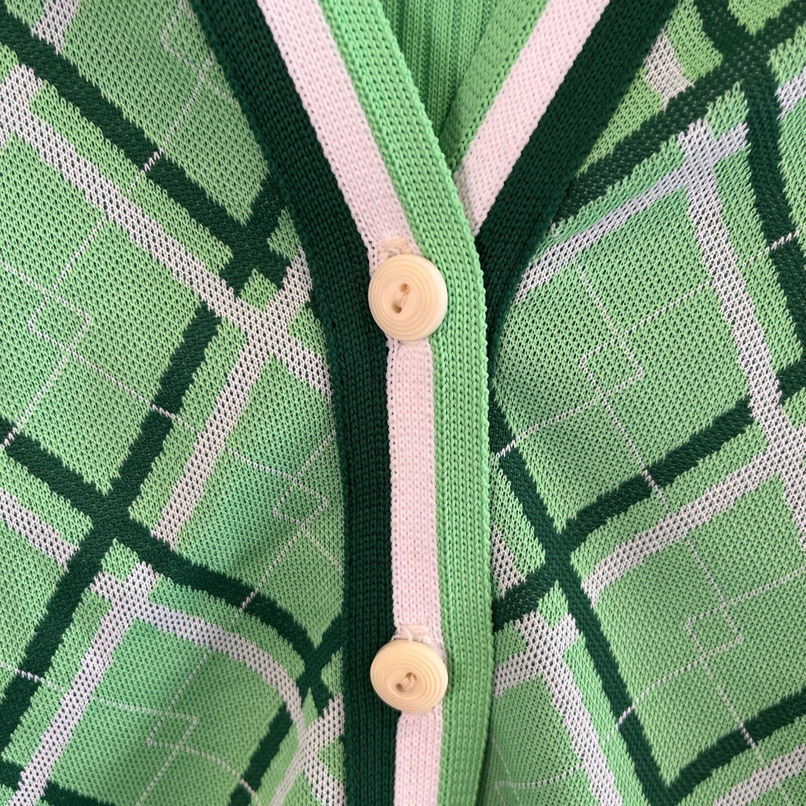 Vtg 60s 70s Green Argyle Cardigan Knit Check 5-6 Women’s Aspirations Preppy Flaw