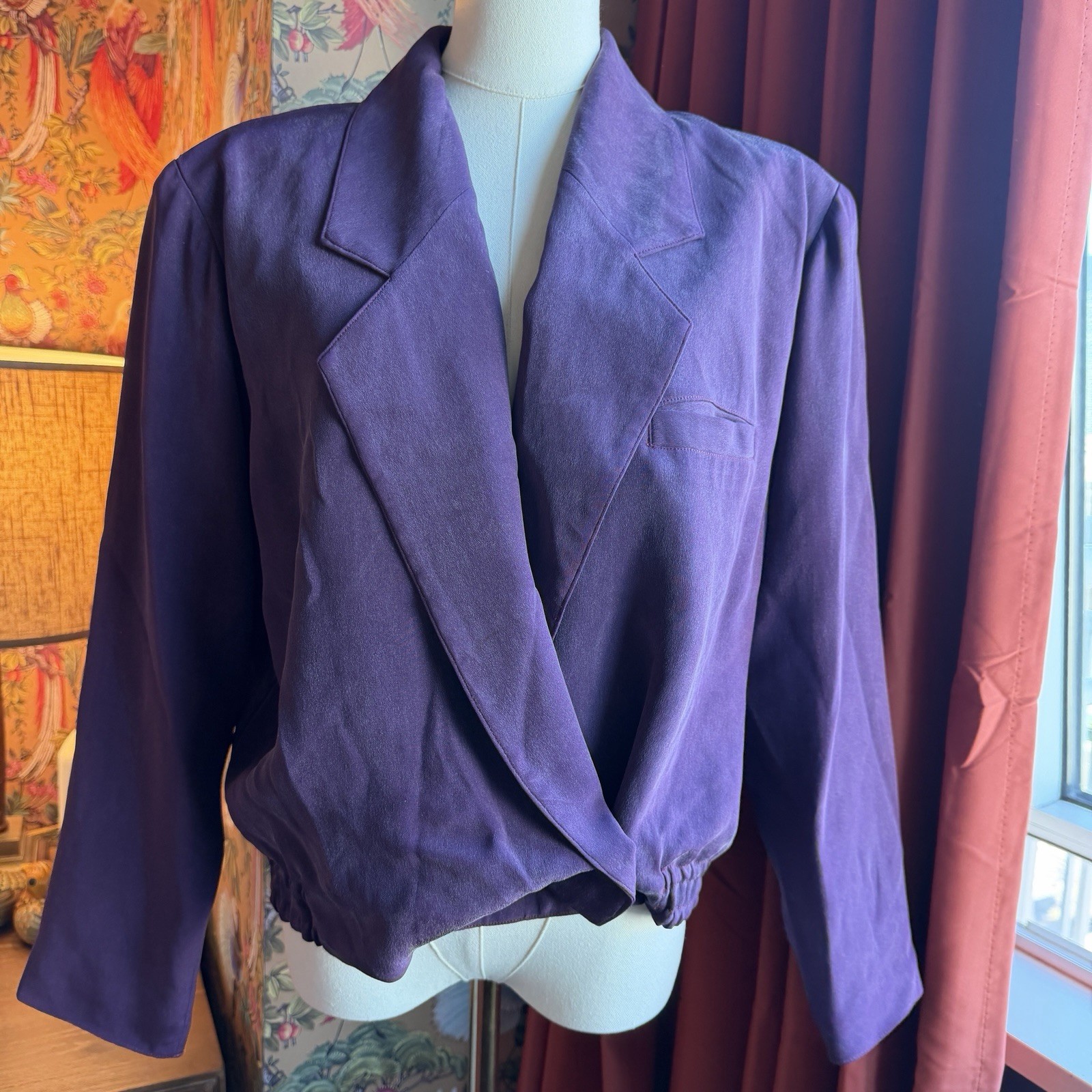 Vintage 80’s Crop Blazer Hand Stitched Couture Purple Silk L/XL Jacket Crossover