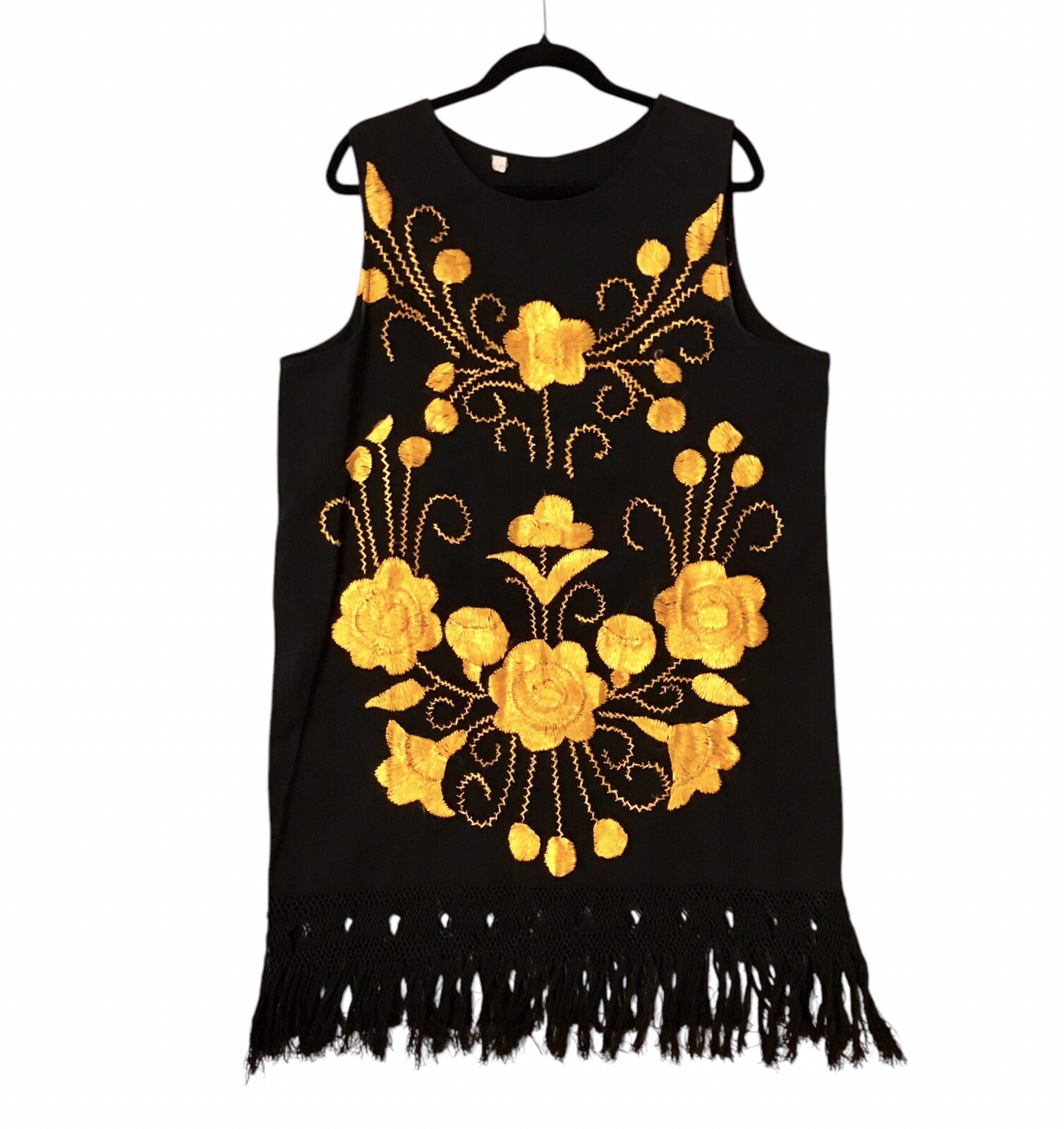 VTG Hand Embroidered Tunic Dress Fringe Hippie Black Goldenrod MCM Women’s Sz L