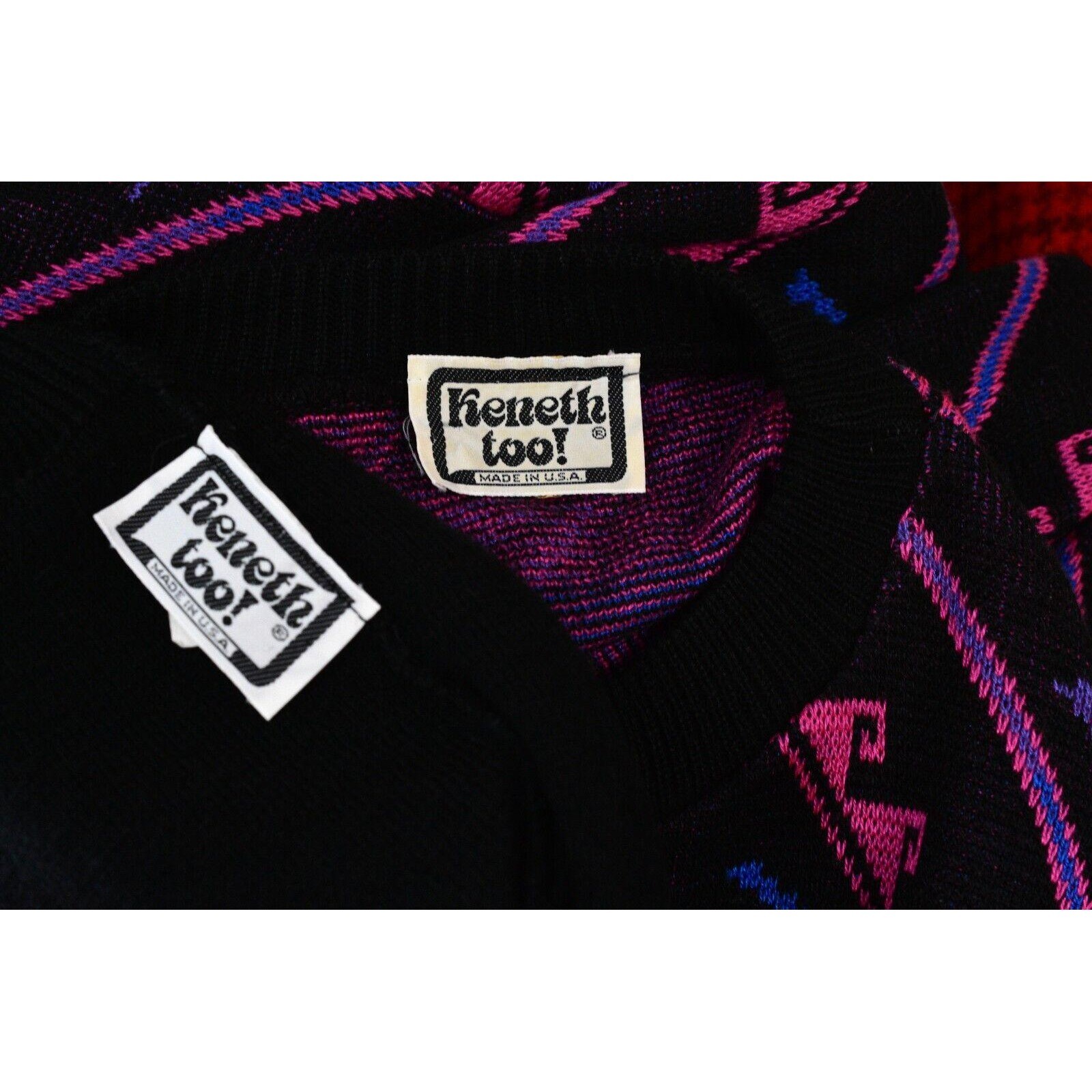 70s Vintage Geometric Sweater & Skirt Set Womens M Neon Pink Black Mod Outfit