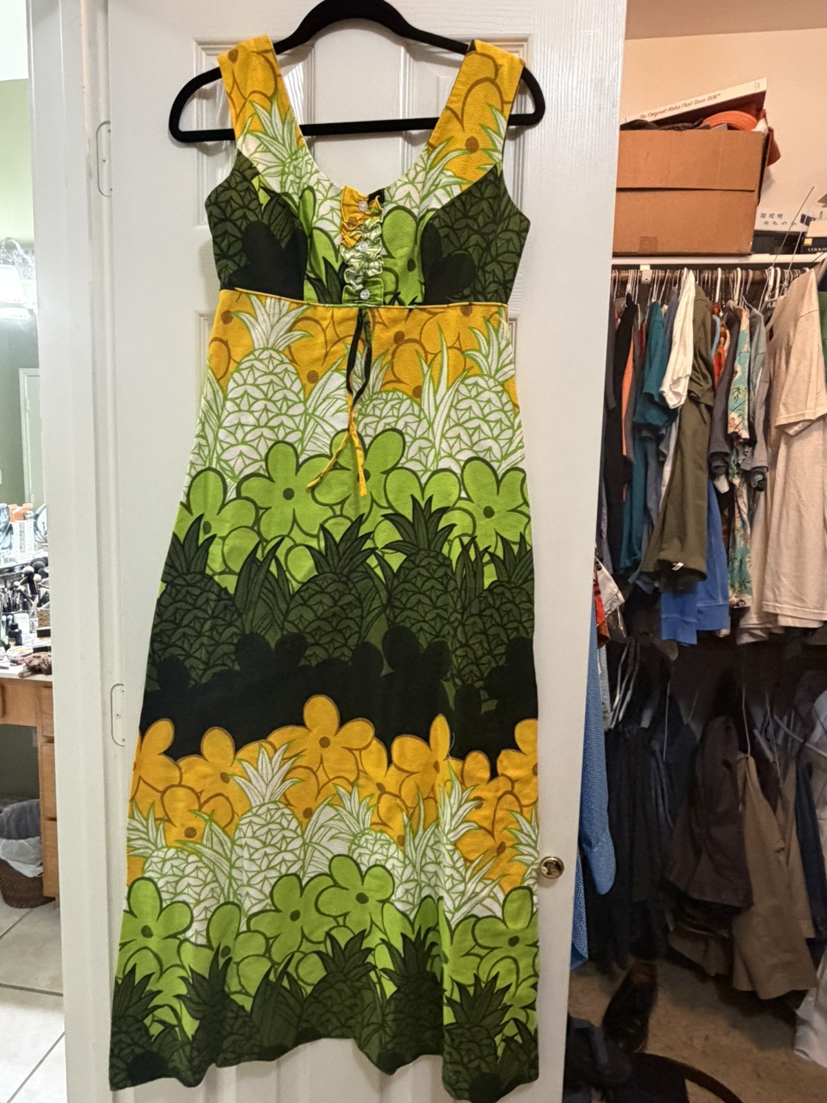 Vintage Sears Hawaiian Fashion Sleeveless Dress Yellow Green MOD 60s Maxi 12