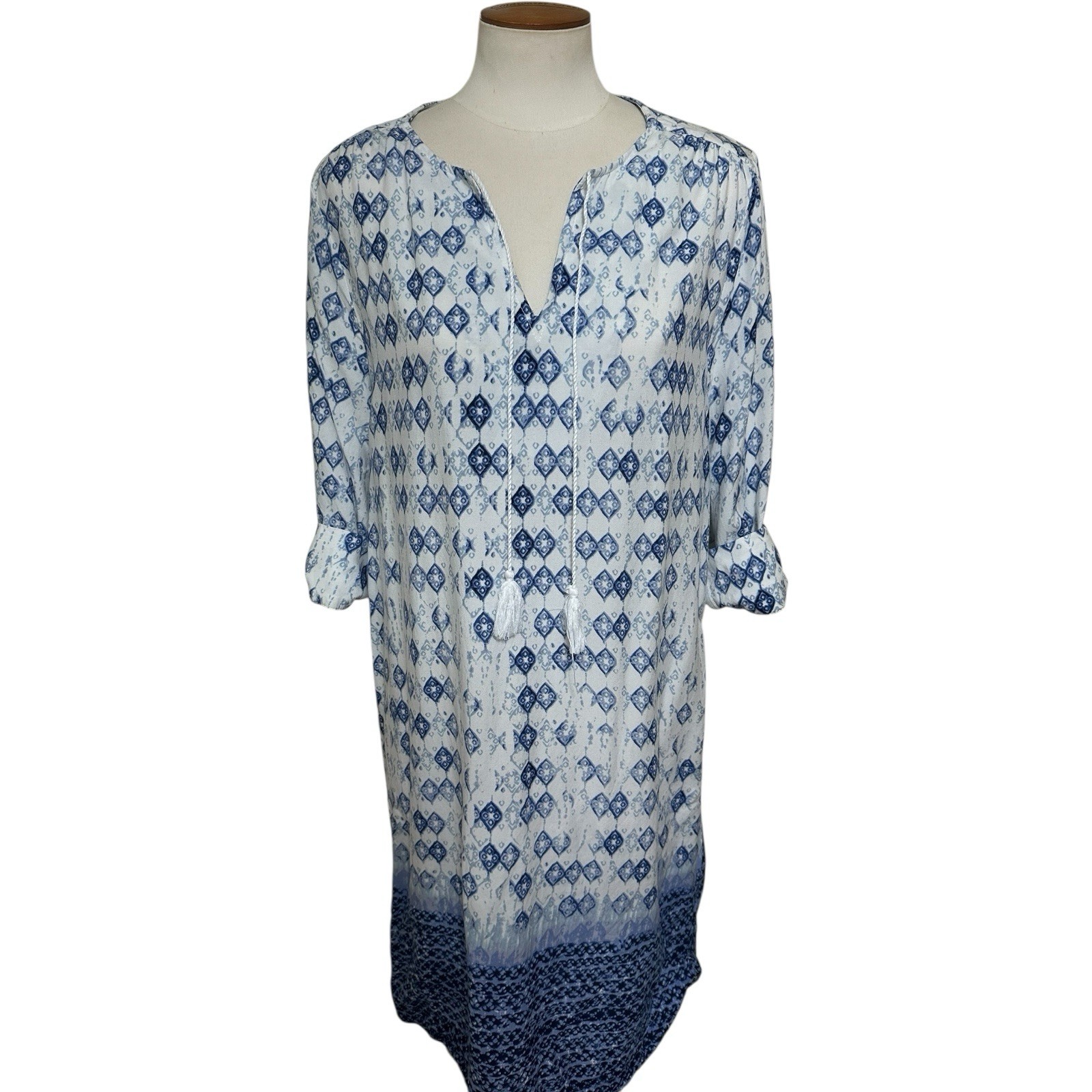 VTG 1990s Faded Glory Boho Indigo Tunic Dress V Neck 3/4 Sleeves Medium 8-10