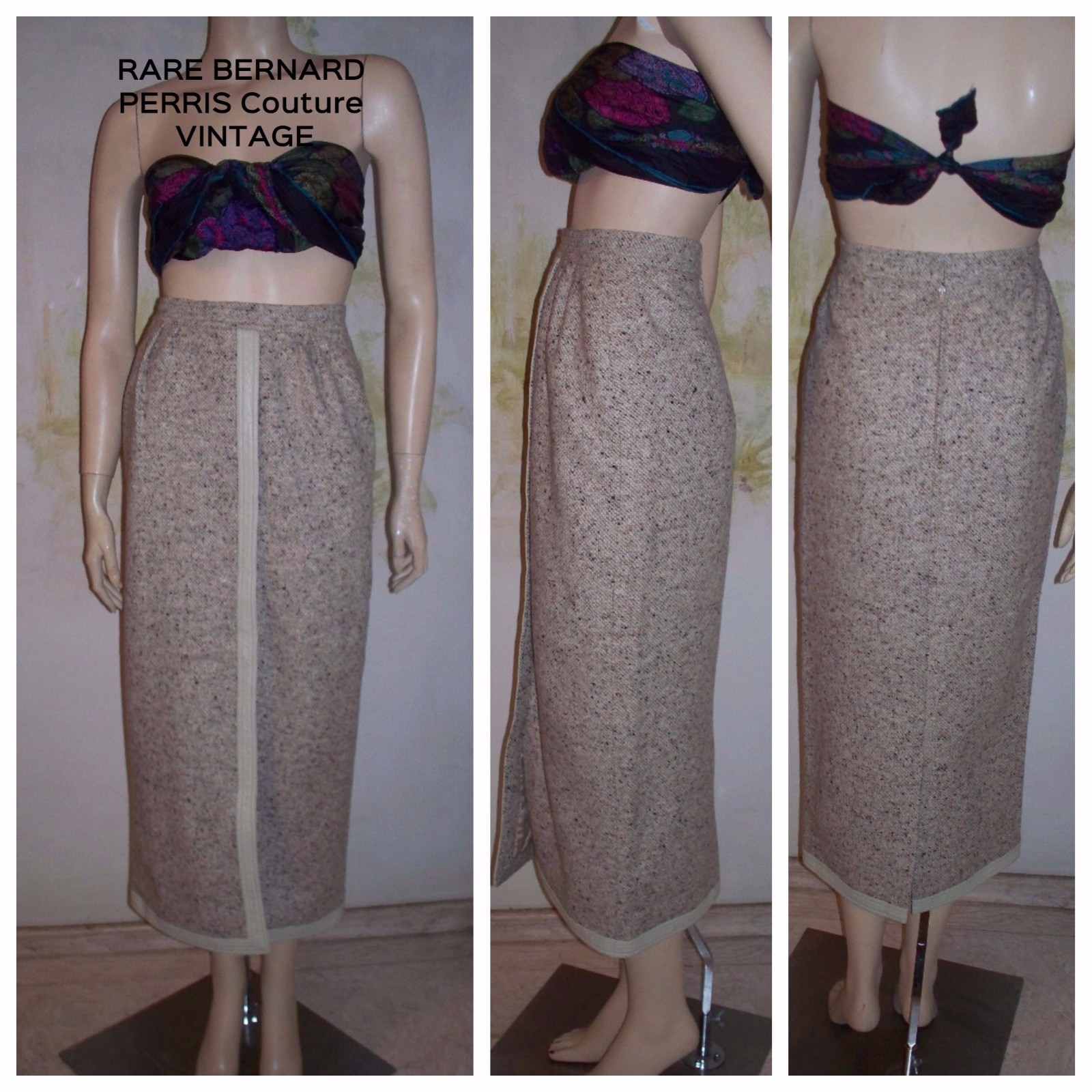 Rare VTG ” Bernard Perris ” Paris Neutral Tweed & Leather 80’s Pencil Skirt XS-S