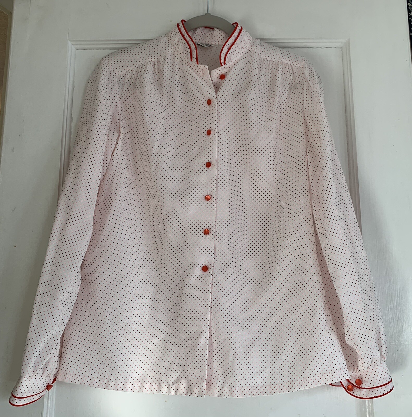 Vtg Gailord Womens Blouse Button Down L ? Creamy Off White Red Polka Dots