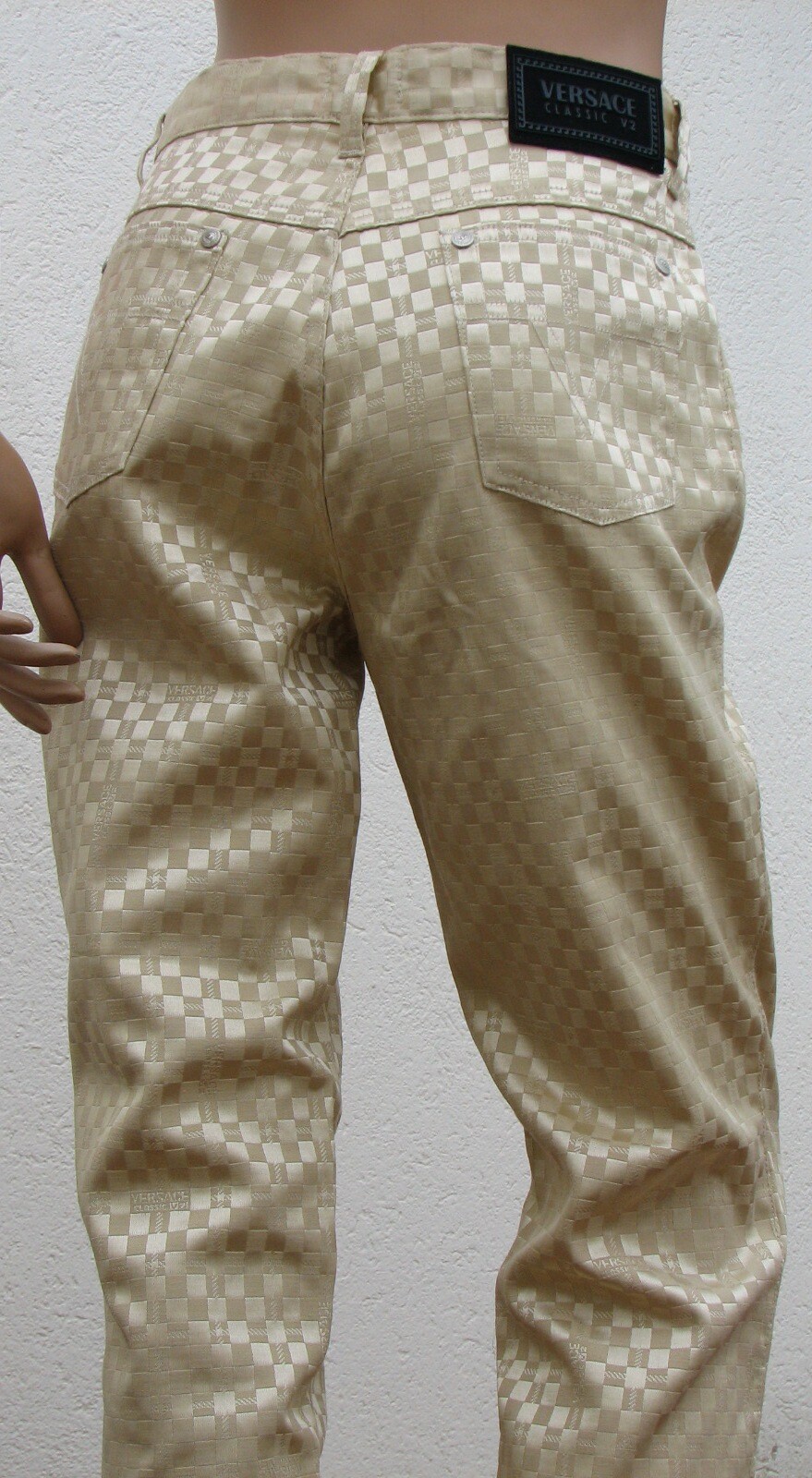 VERSACE CLASSIC V2 pantaloni donna vintage 5 tasche jeans beige oro vita alta
