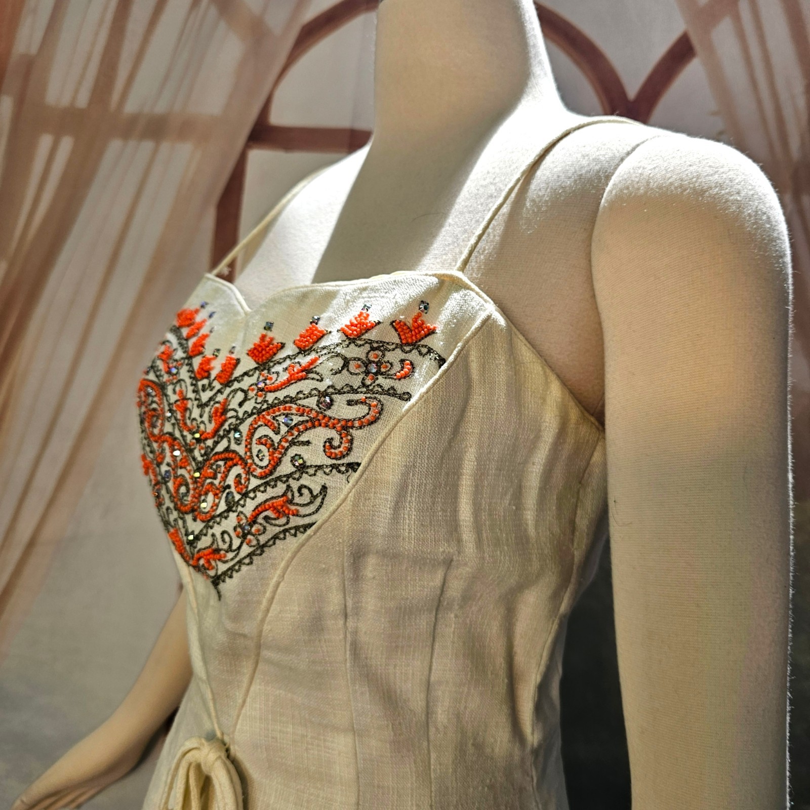 Vintage 1960’s Dress Shift Mod Cream Orange Beads and Rhinestone Embroidered