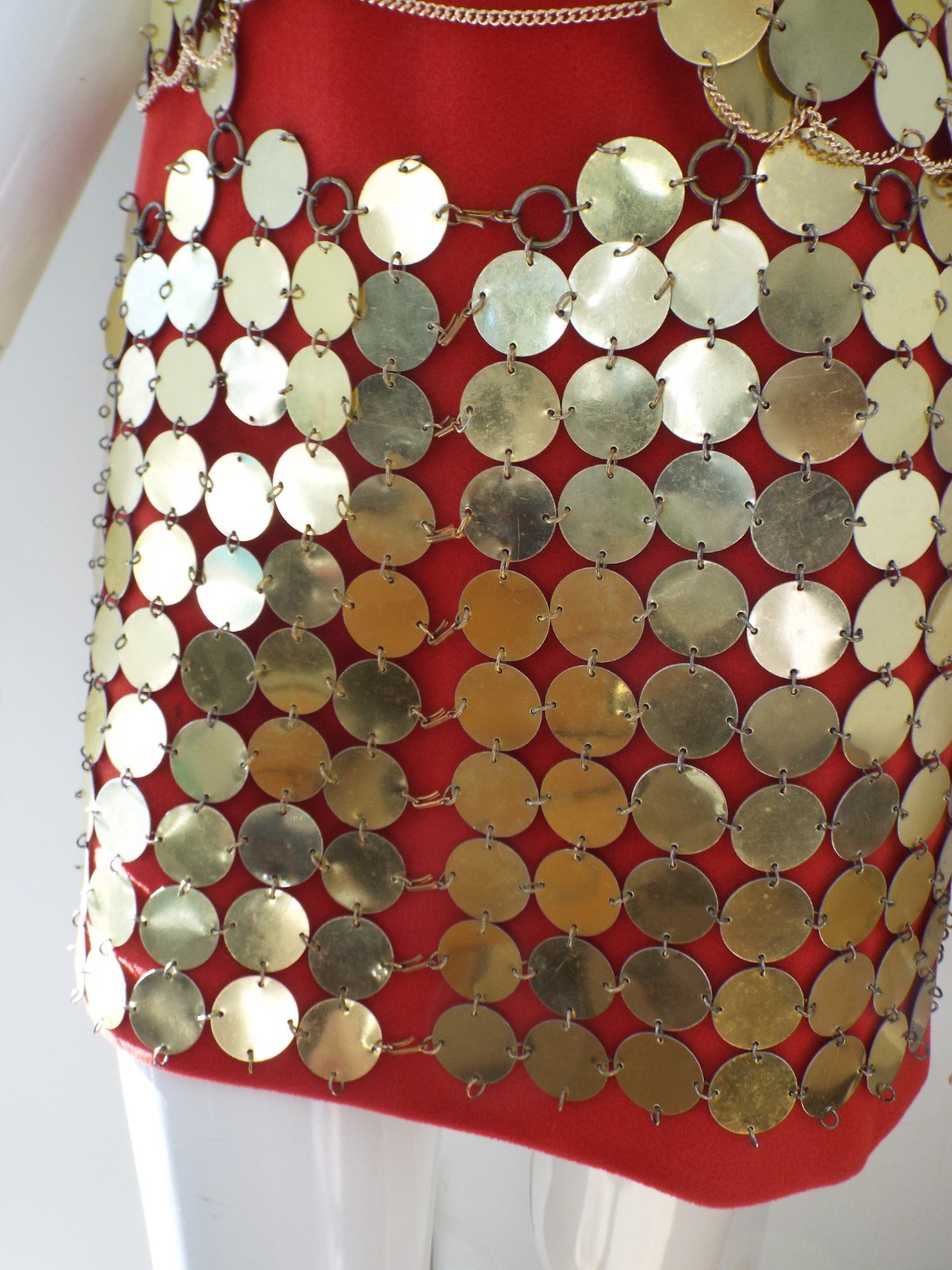 Vintage 1960s Gold Tone Metal Disc Chain Mail Vest Top & Skirt Dress Paillette
