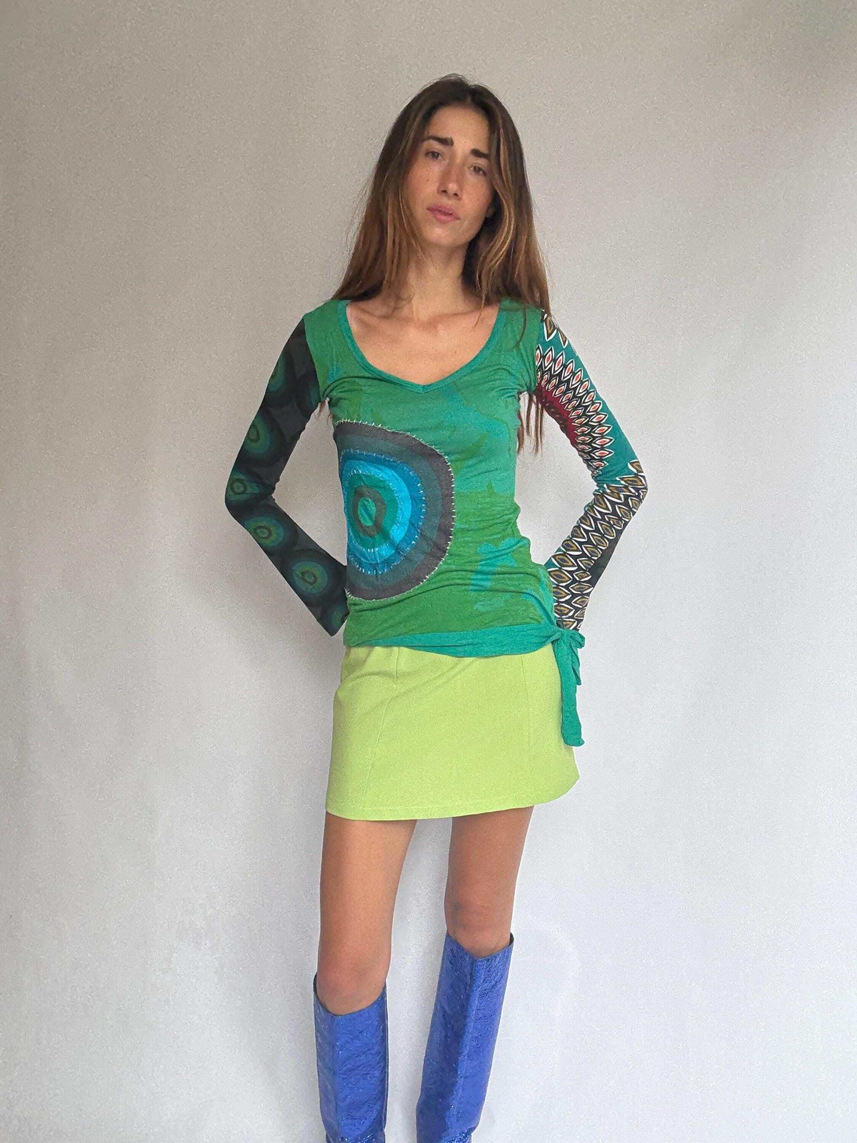 Desigual long sleeve green graphic blouse – bold print, tie waist detail – soft