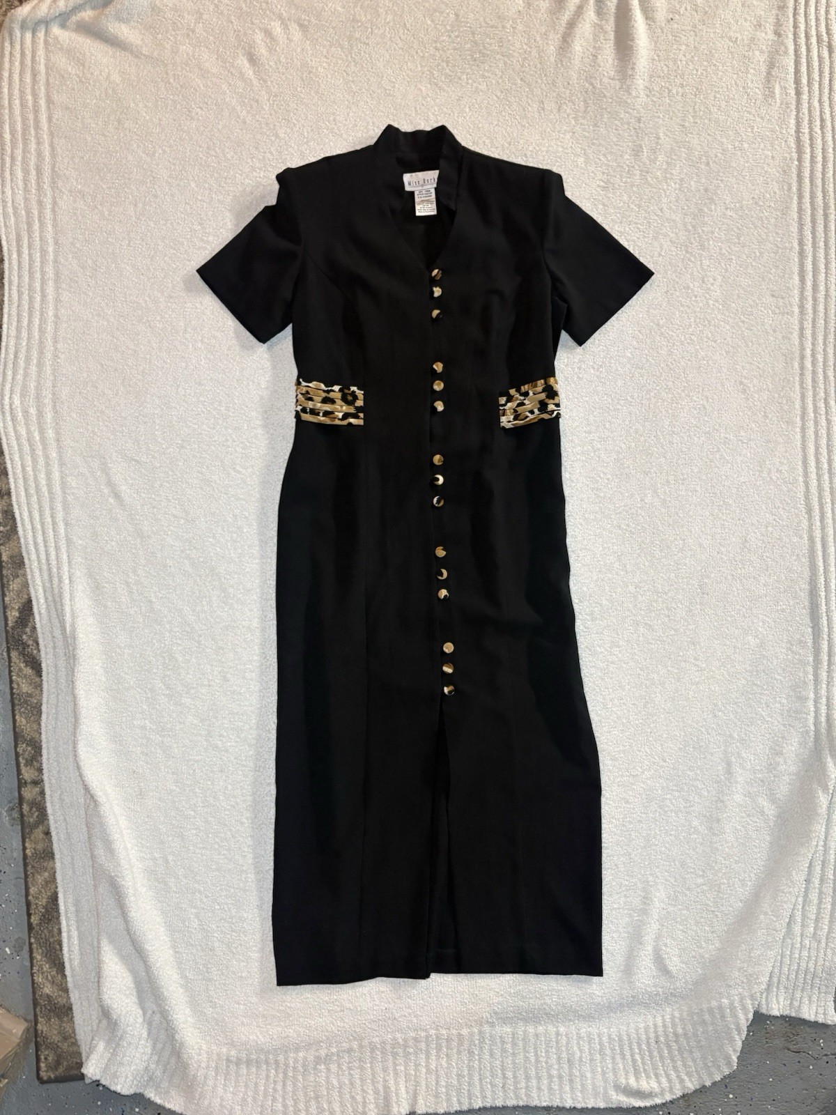 90s Button Front Black Dress with Leopard Print Accents Size 8 Miss Dorby