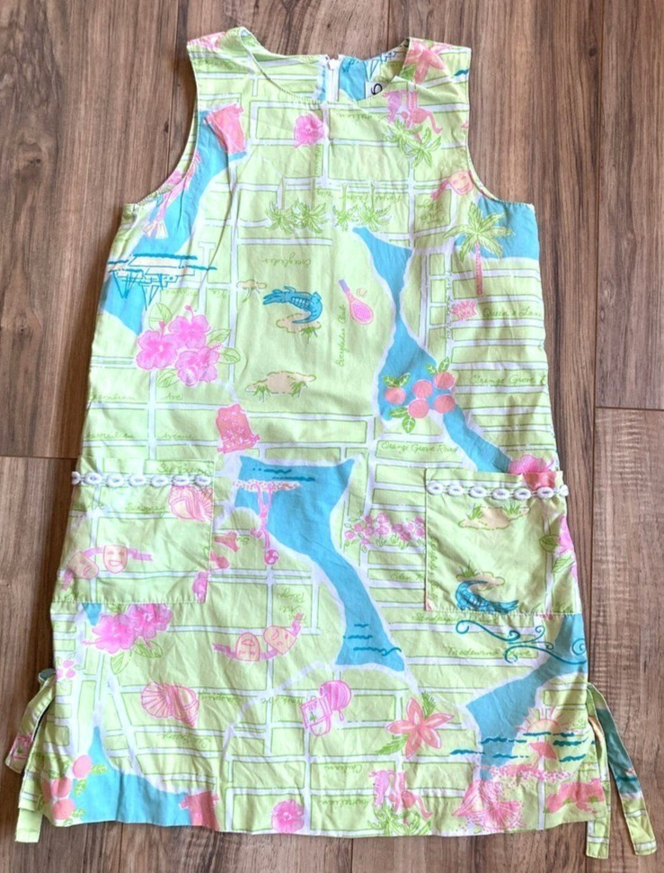 Vintage Girls Lilly Pulitzer Palm Beach Map Florida Shift Dress Green Gator Sz 8