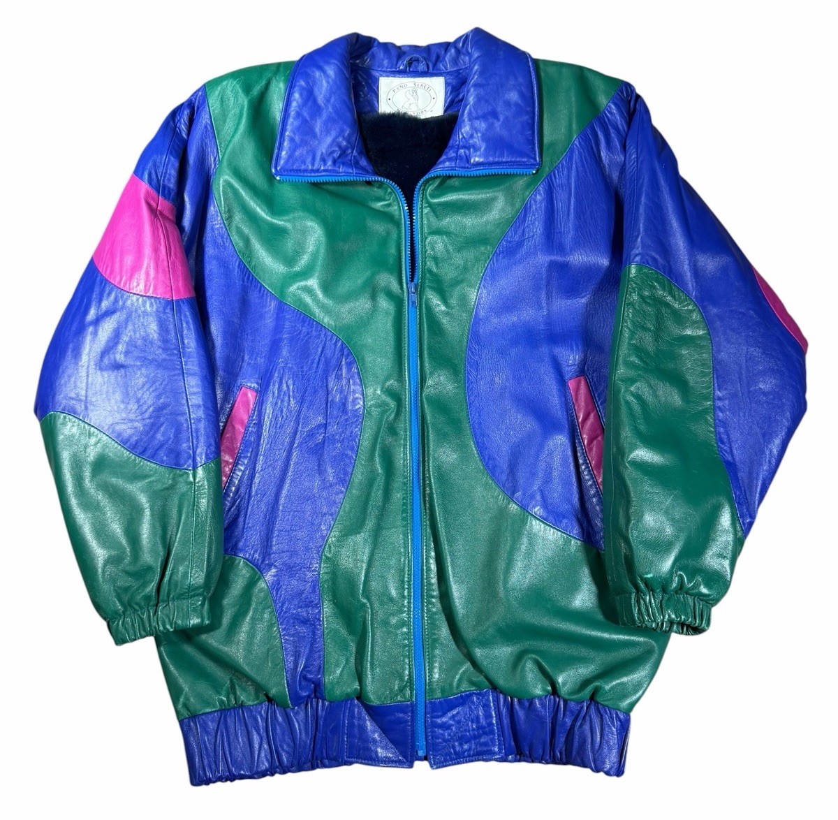 Vintage 80s Pano Sereti Color Block Leather Bomber Jacket Blue Green Pink Large