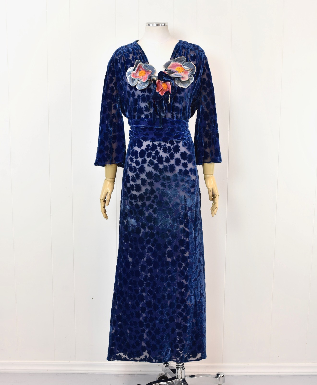 Antique 1930s Blue Devore Burnout Velvet Floral Art Deco Sheer Dress Larger Size