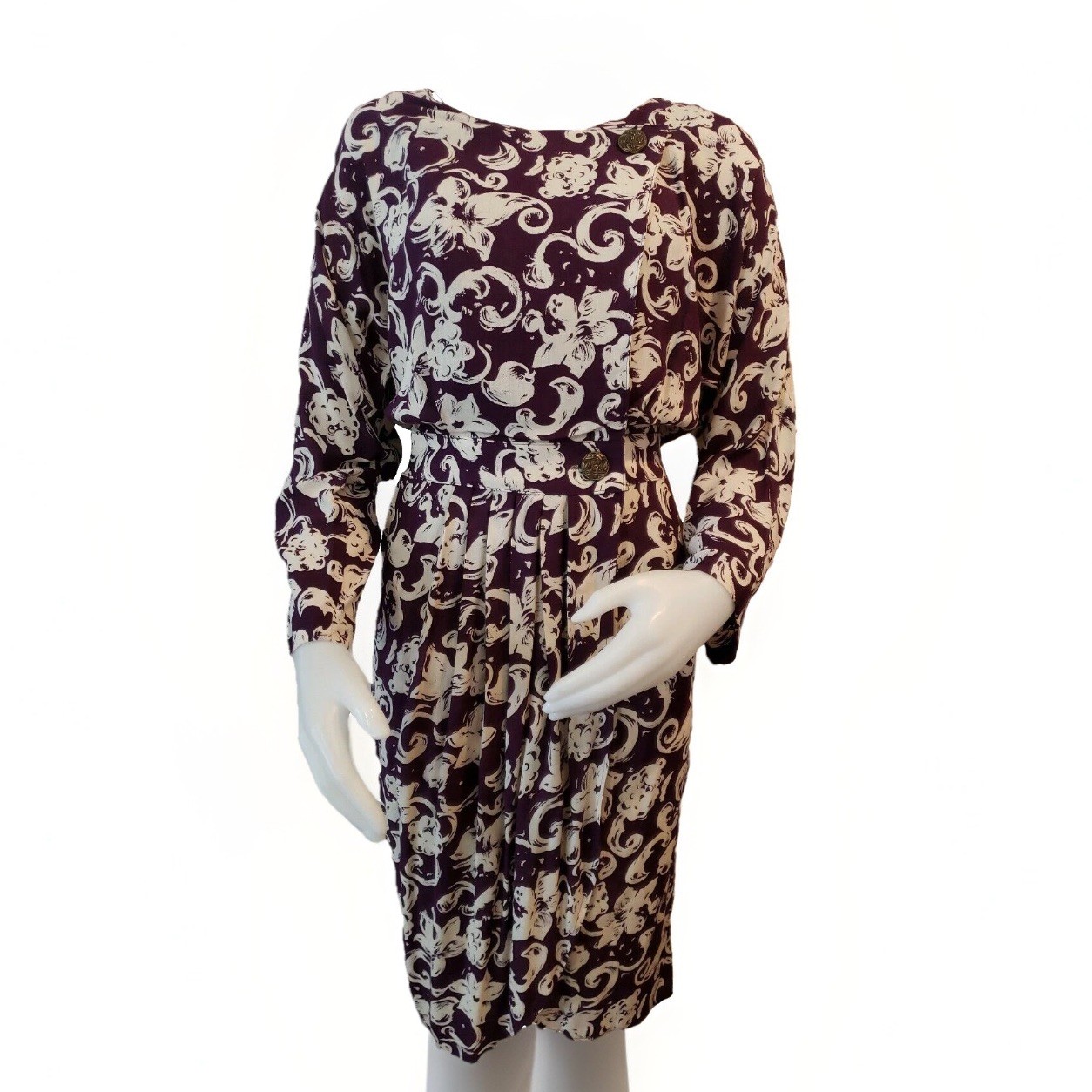 Long Sleeve Surplice Dress Womens Sz 8 Purple Floral Blouson Vtg Jonathan Martin